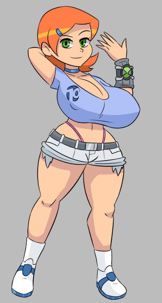 1girls ben_10 breasts cartoon_network clothed clothing female_focus female_only green_eyes gwen_tennyson huge_breasts looking_at_viewer nipple_bulge orange_hair rexcrash64 short_orange_hair short_shorts shortstack smile thick_thighs thong wide_hips