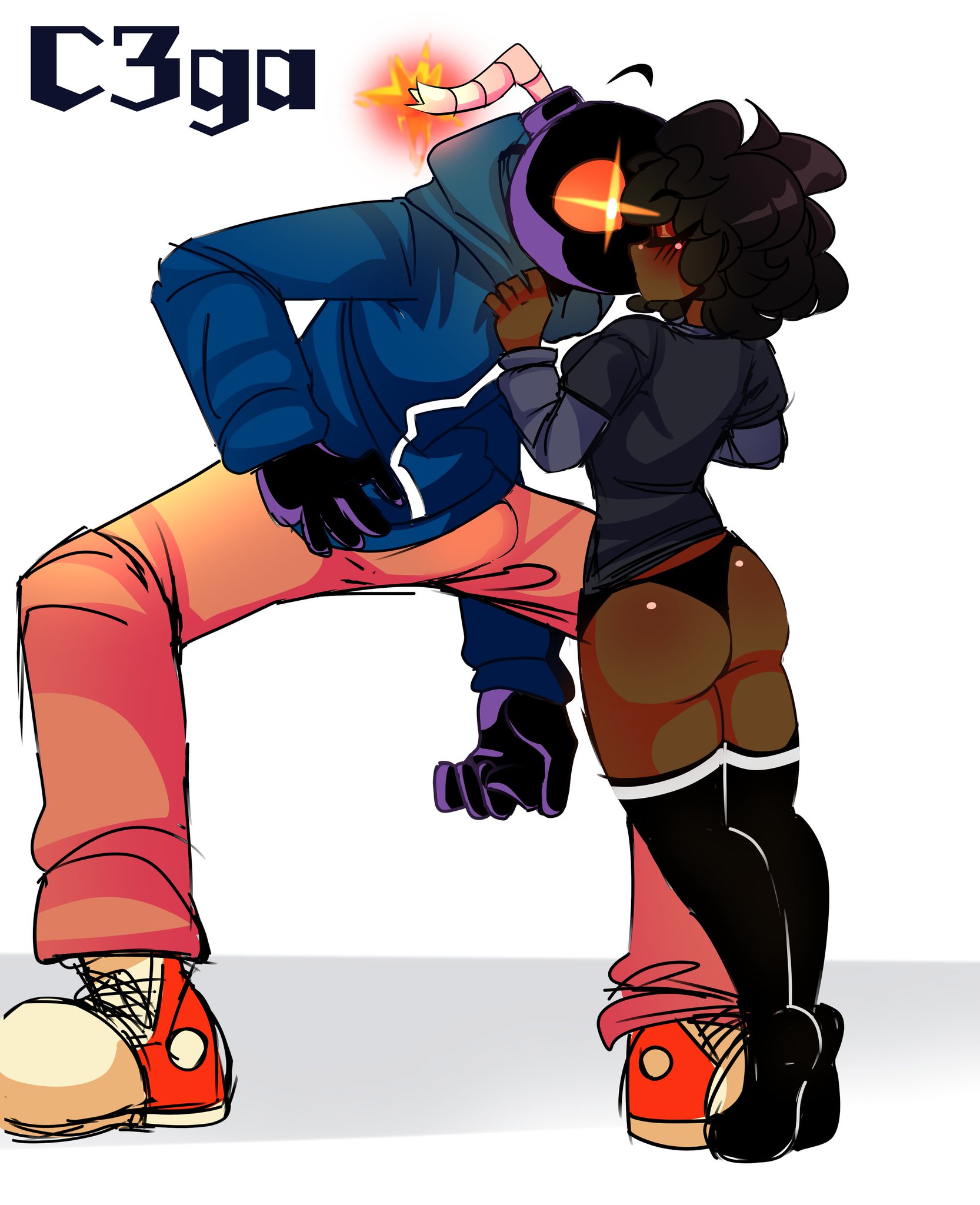 anthro, blush, boner, bulge, carol (bbpanzu), closed eyes, dark skin, dark-skinned female, female, friday night funkin, kissing, no pants, partially nude, size difference, surprised, thong, whitty (friday night funkin), whitty (sock.clip)