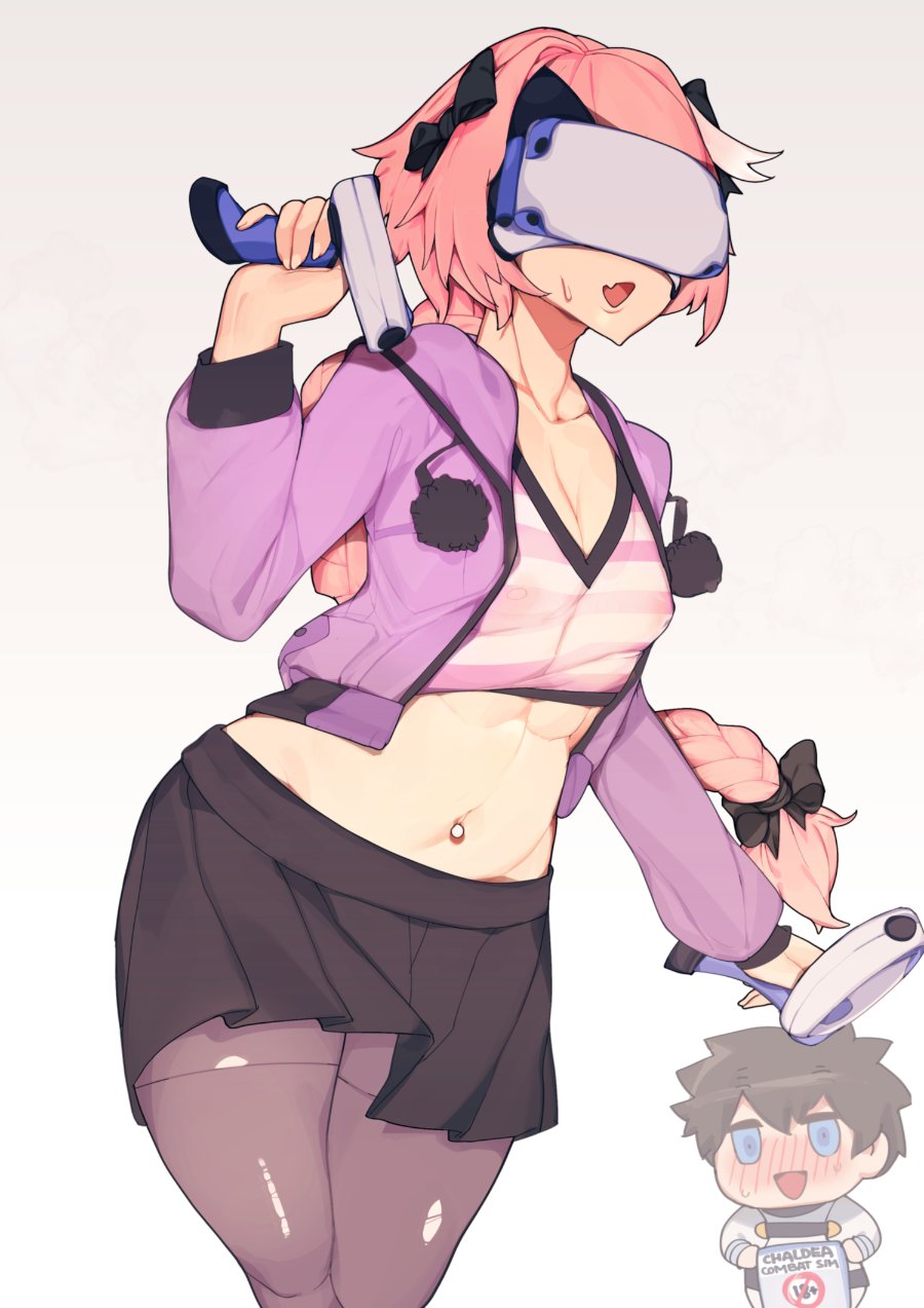 2boys, astolfo (fate), black hair, blue eyes, blush, braid, fate (series), fate/apocrypha, fate/grand order, femboy, fujimaru ritsuka (male), girly, hair ribbon, long hair, male, male only, navel piercing, nipples visible through clothing, oujuo1, pantyhose, pink hair, skirt, trap, vr headset, white background