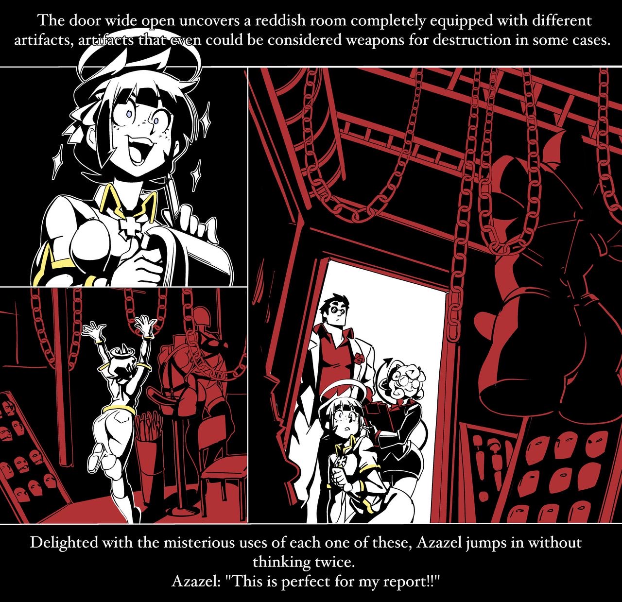 1boy, 2girls, amazed, azazel (helltaker), bdsm gear, blue eyes, bondage gear, chains, clipboard, comic, comic page, dialogue, english text, female, glasses, halo, helltaker, helltaker (character), indoors, male, muscular, muscular male, nisego, pandemonica (helltaker), sunglasses, surprised expression