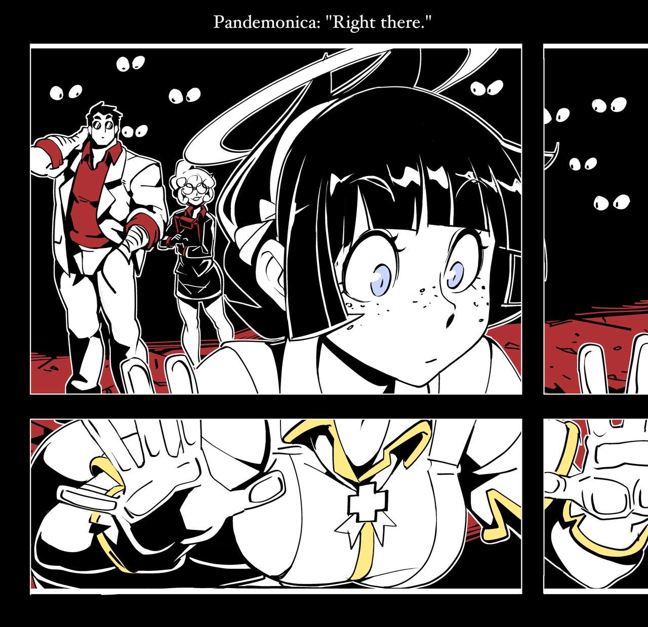 1boy, 2girls, angel, azazel (helltaker), being watched, blue eyes, clipboard, comic, comic page, demon, demon girl, dialogue, english text, eyes, female, glasses, helltaker, helltaker (character), human, male, muscular, muscular male, nisego, pandemonica (helltaker), sunglasses, window