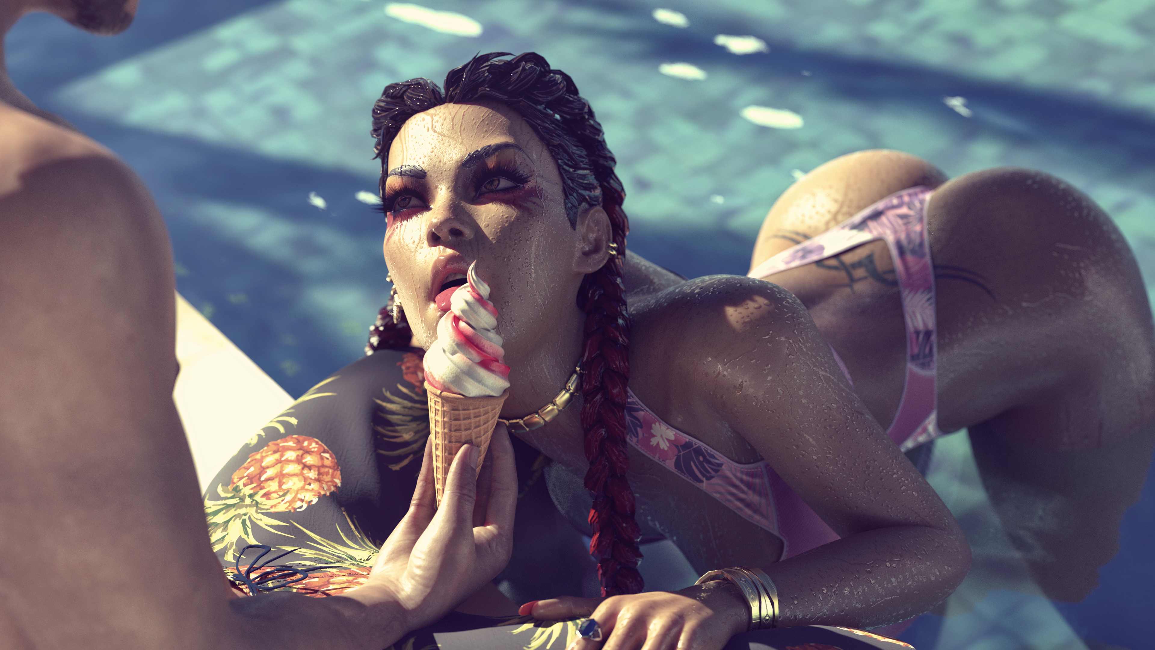 1boy, 1girls, 3d, 4k, apex legends, black hair, braided twintails, brazilian, brown eyes, dark skin, dark-skinned female, electronic arts, eye contact, eyeliner, female, hi res, hydrafxx, ice cream, latina, licking, loba (apex legends), male, oral, oral insinuation, oral invitation, petite, red eyeshadow, red hair, red lipstick, seductive eyes, seductive look, seductive mouth, straight, tagme, tramp stamp, two-tone hair, wallpaper
