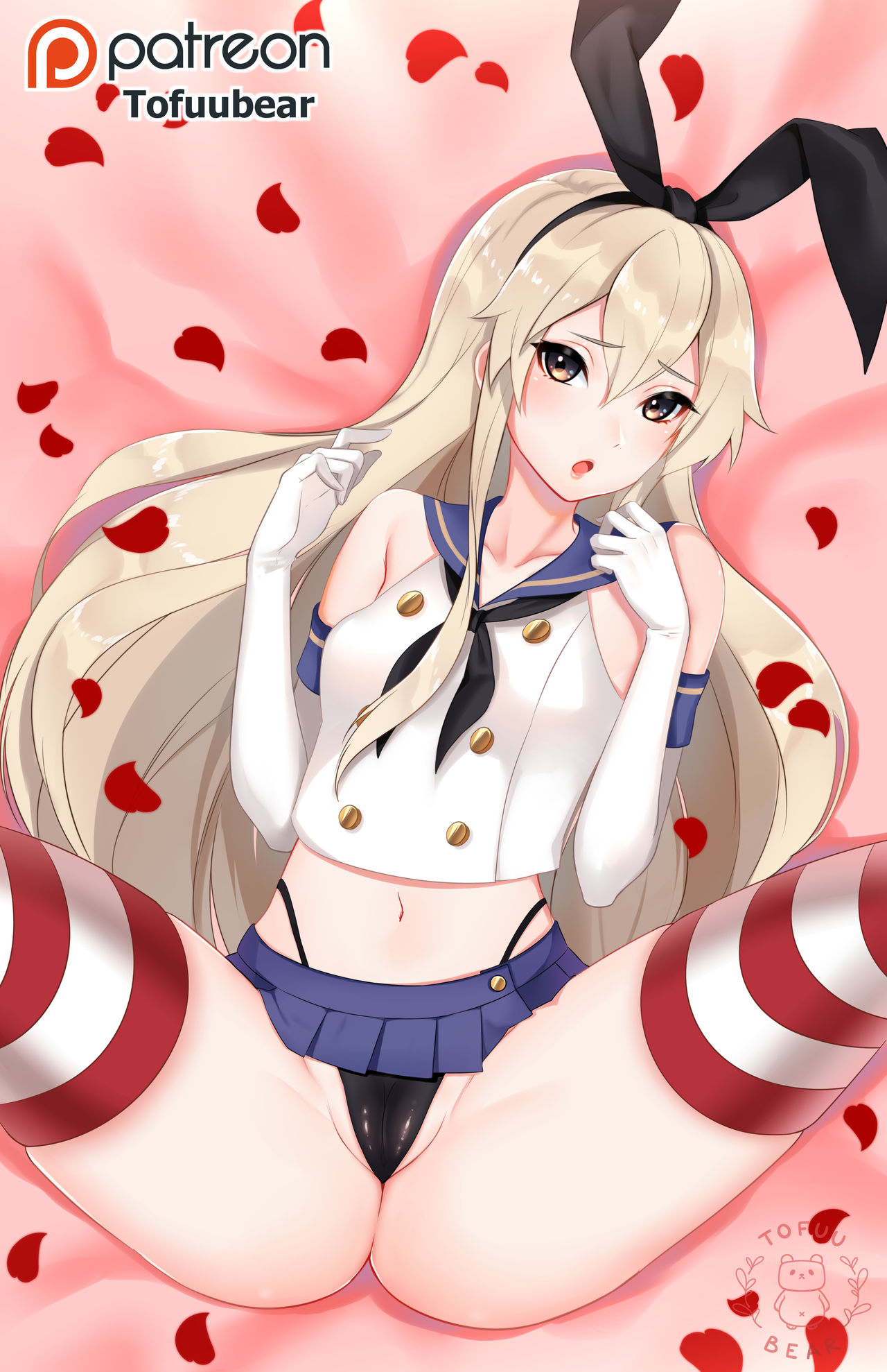 blonde hair, breasts, brown eyes, cameltoe, female, hair, high resolution, kantai collection, navel, pussy, pussy lips, shaved pussy, shimakaze (kantai collection), small breasts, spread legs, tofuubear