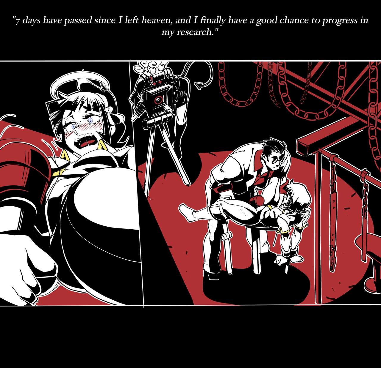 1boy, 2girls, angel, azazel (helltaker), blue eyes, blush, bound, bound wrists, cameltoe, camera, chains, clothed, comic, comic page, demon, detailed background, dialogue, drooling, english text, evil grin, female, glasses, halo, helltaker, helltaker (character), human, indoors, larger male, machine, male, moaning, muscular, muscular male, nervous, nisego, pandemonica (helltaker), pussy, sex toy, size difference, sunglasses, sweat, vibrator