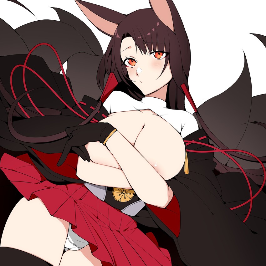 1girls, akagi (azur lane), amber eyes, azur lane, big breasts, breasts, brown hair, cleavage, female, female only, fox ears, fox tail, gloves, huge breasts, kitsune, long hair, panties, red eyes, skirt, yandere