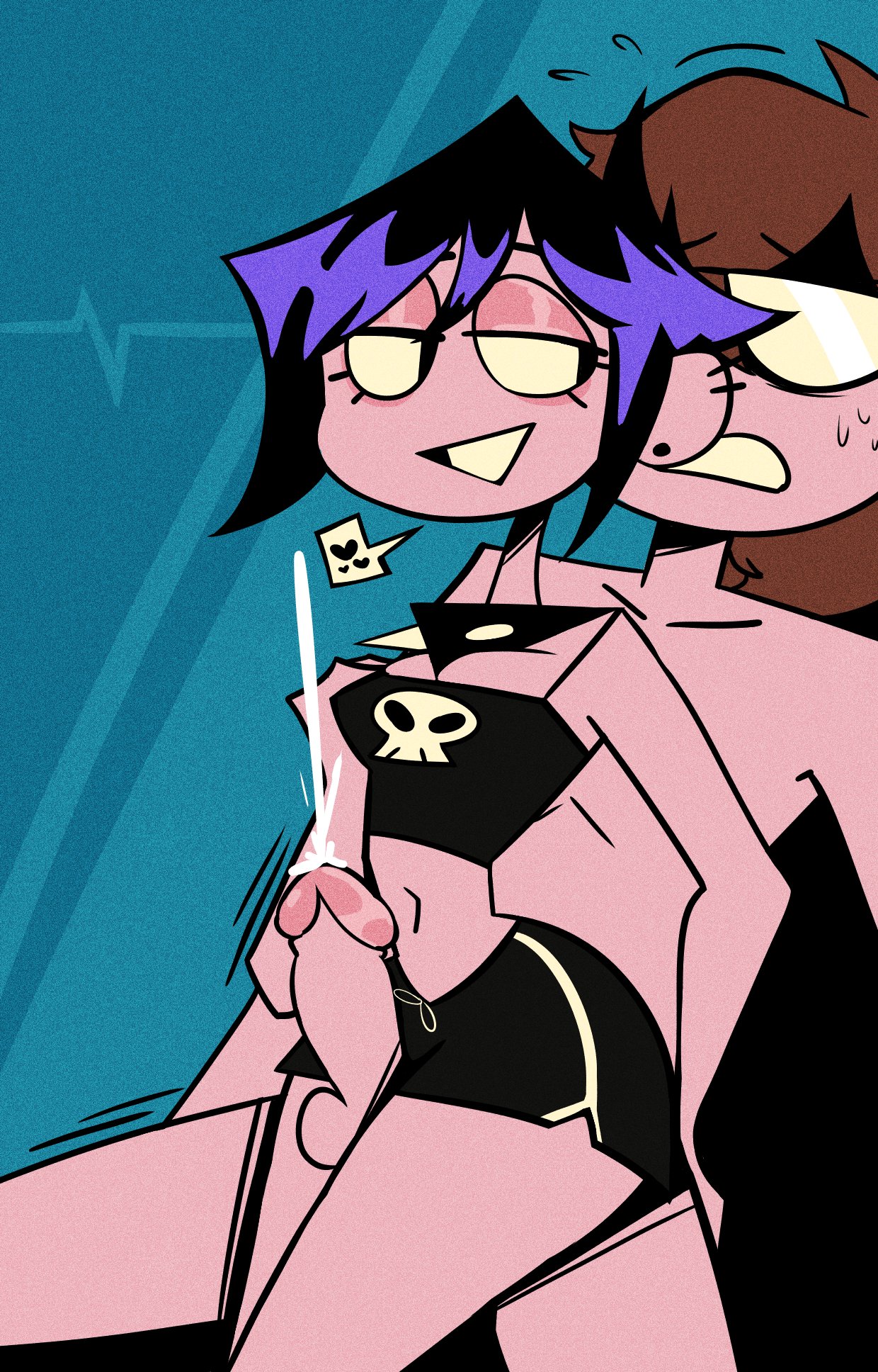 3d, 3d (artwork), balls, bedroom eyes, big balls, big breasts, big penis, boy saltiest, breasts, choker, choker collar, clothed, clothed female, clothing, completely nude, completely nude male, crop top, cum, cumshot, dolphin shorts, fully clothed, fully clothed female, goth, goth girl, gothic, heart, looking back, looking back at viewer, movement lines, mysaltisexposed, nude, nude male, nude male clothed female, open mouth, penis, short hair, short hair female, shorts, skimpy, skimpy clothes, smile, smiling, smiling at partner, sweat, sweatdrop, sweating, text bubble, thick thighs, thigh job, thigh sex, valbun, valbun (oc)