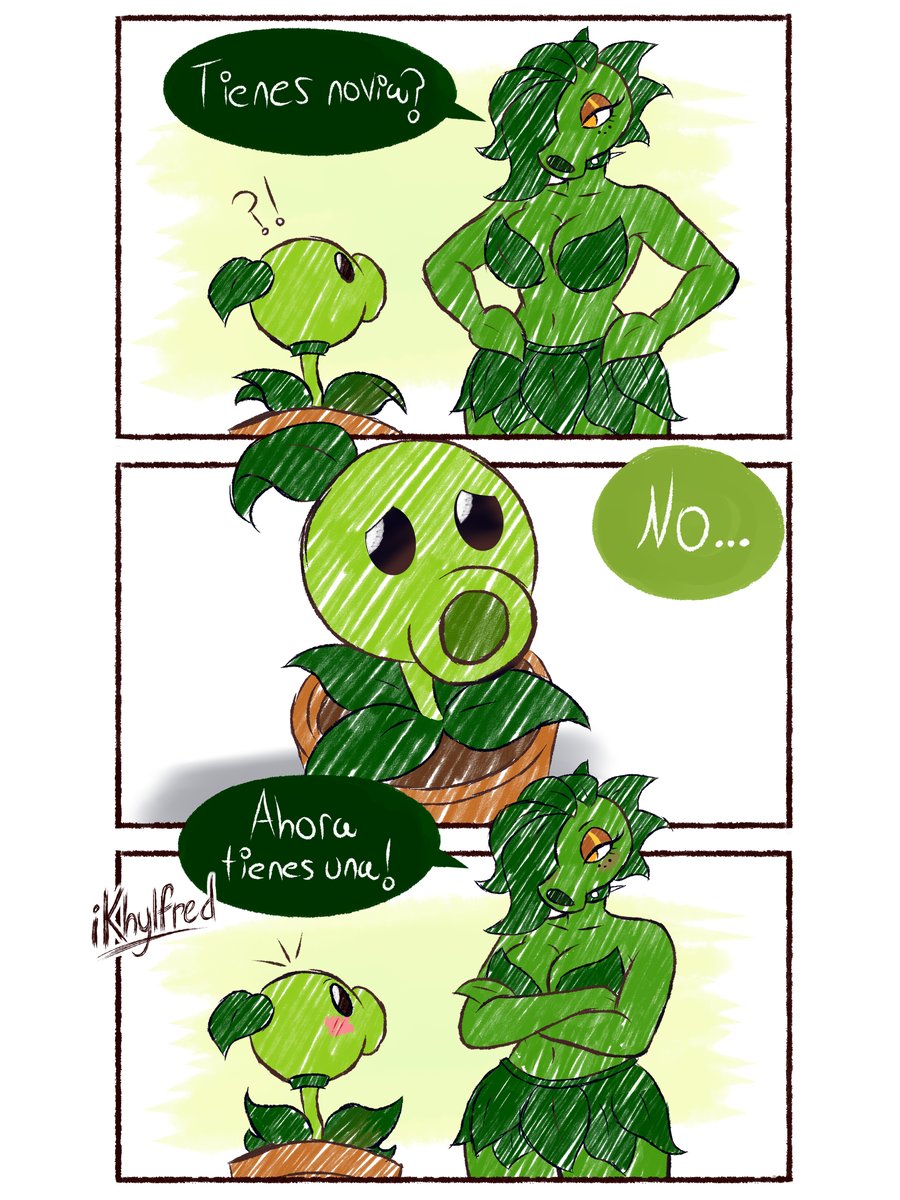 1boy, 1girl, 2026, 2d, 3:4, anthro, big breasts, blushed face, bra, drawing, electronic arts, green body, green hair, hands on hips, leaf hair, looking at partner, peablaze, peablaze (leafpaw), peashooter (pvz), plants vs zombies, potted plant, sexy body, sexy pose, sfw, skirt, spanish, spanish dialogue, spanish text, spiked collar, thick thighs, unknown artist, voluptuous female, wholesome