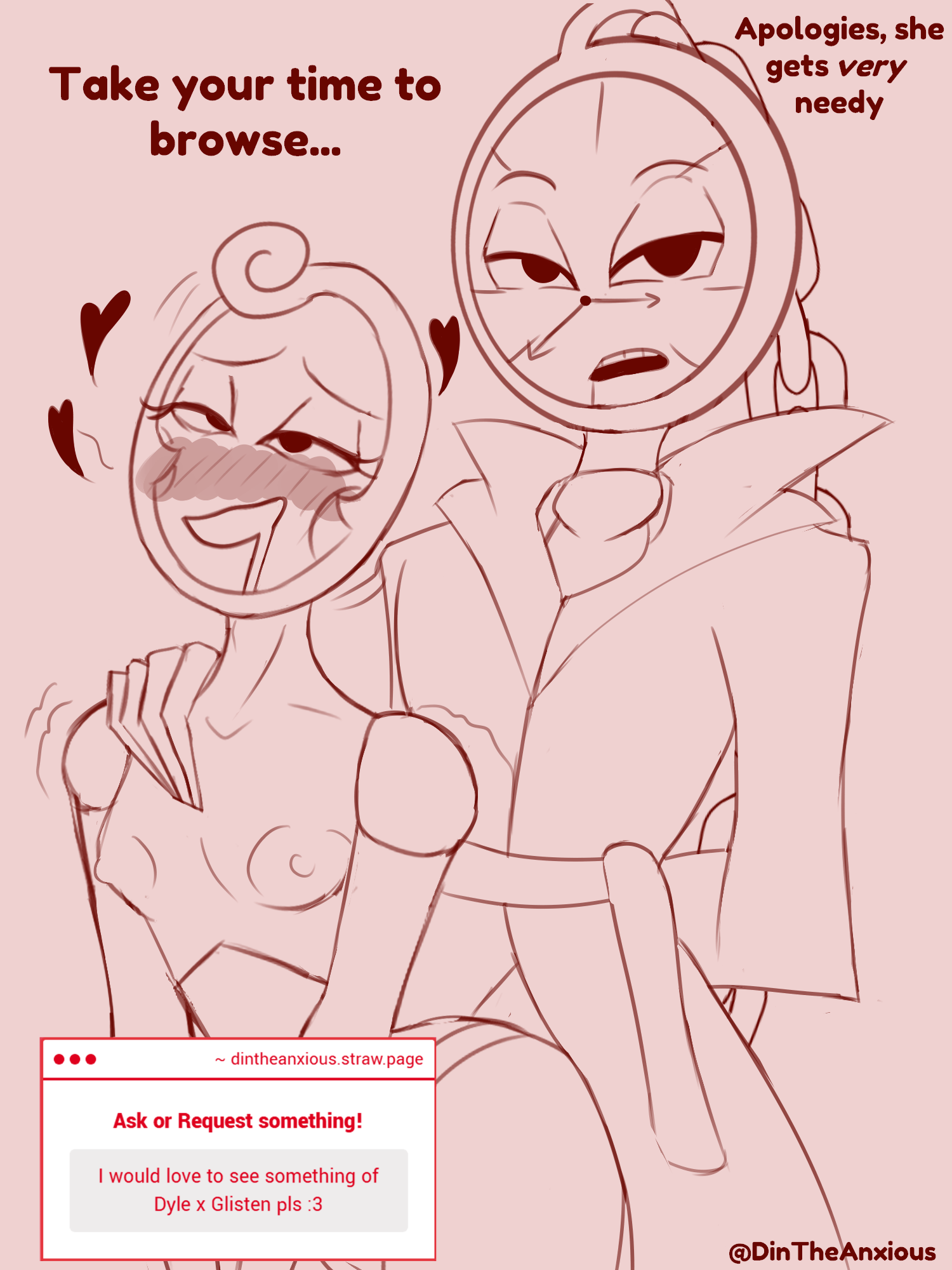 1boy1girl, 1futa, bent over, clock, clock head, clothed male nude female, clothed/nude, dandy's world, dintheanxious, dyle (dandy's world), eyes rolling back, from behind, from behind position, glisten (dandy's world), heart, looking at viewer, mirror, object head, roblox, self upload, sketch, small breasts, smiling, strawpage request, text, trans woman, transfem