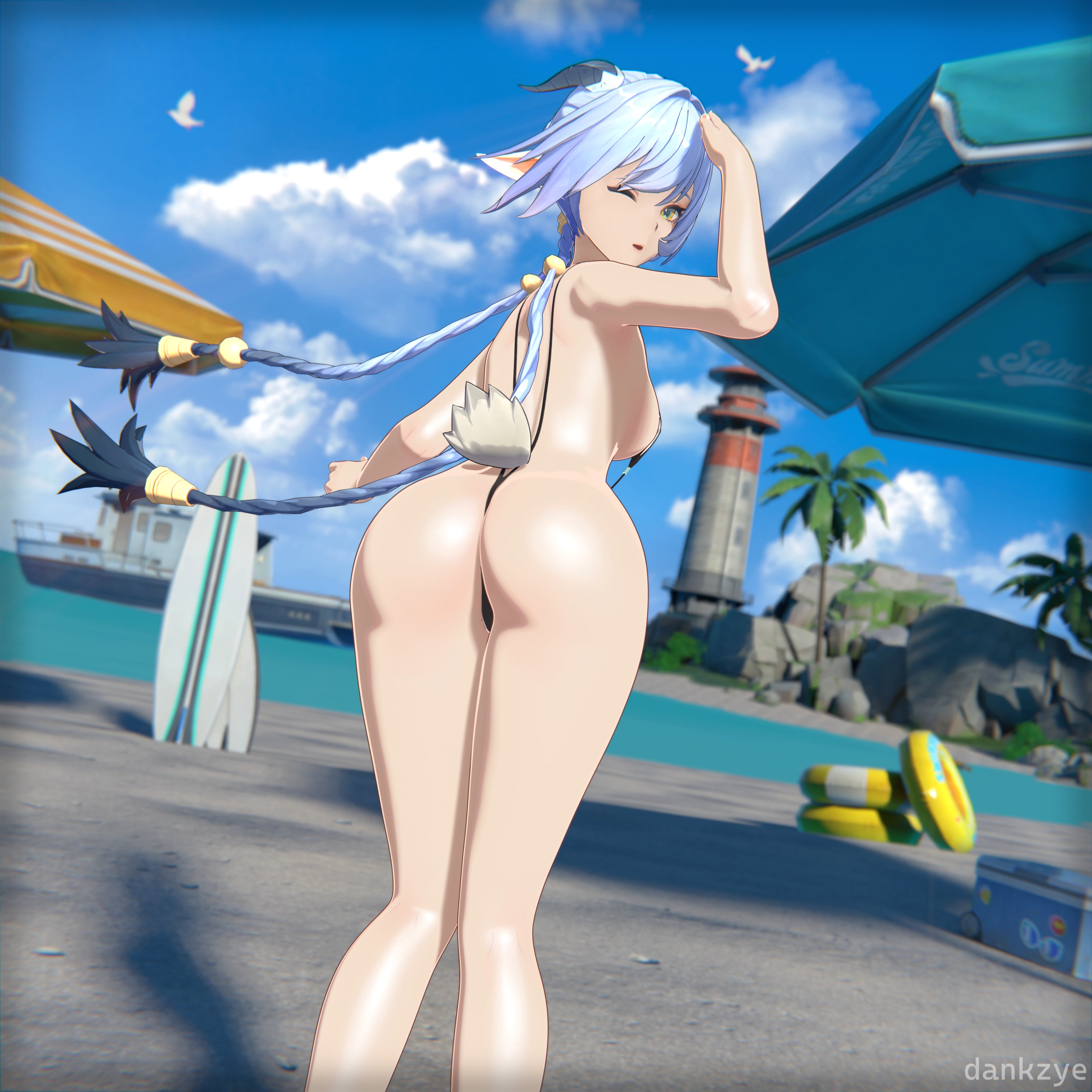 3d, ass, beach, big ass, blue hair, dankzye, female, female only, goat girl, horn, lucia elowen, one eye closed, sling bikini, smile, swimsuit, tagme, tail, twintails, zenless zone zero