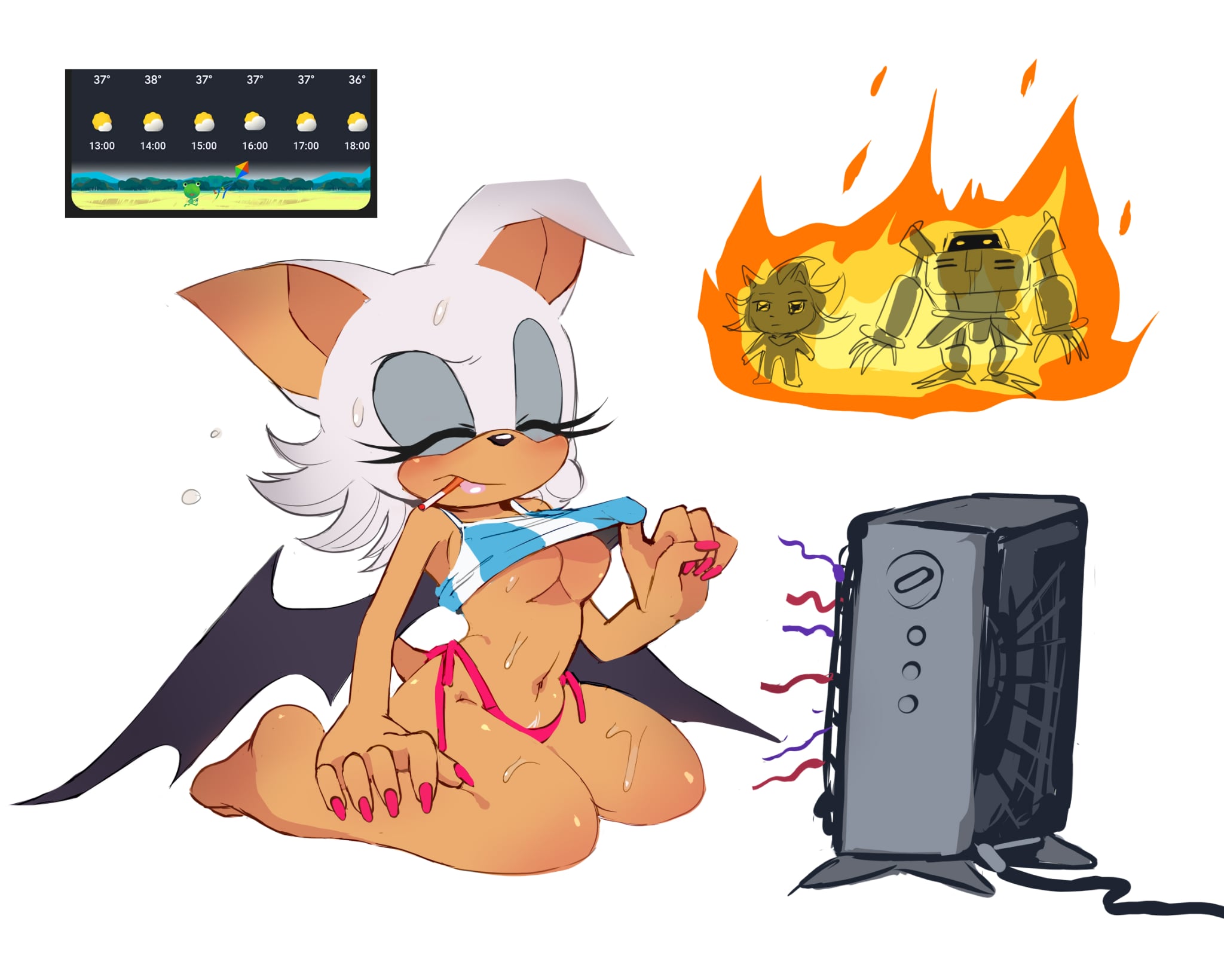 1girls, 2boys, background character, bat wings, benshir, big breasts, cigarette, cooling off, e-123 omega, electric fan, fan, fire, heat (temperature), kneeling, lifting shirt, navel, painted nails, rouge the bat, sega, shadow the hedgehog, sonic (series), sonic the hedgehog (series), sweat, sweatdrop, sweating, sweaty, tail, thong, underwear, wide hips, wings