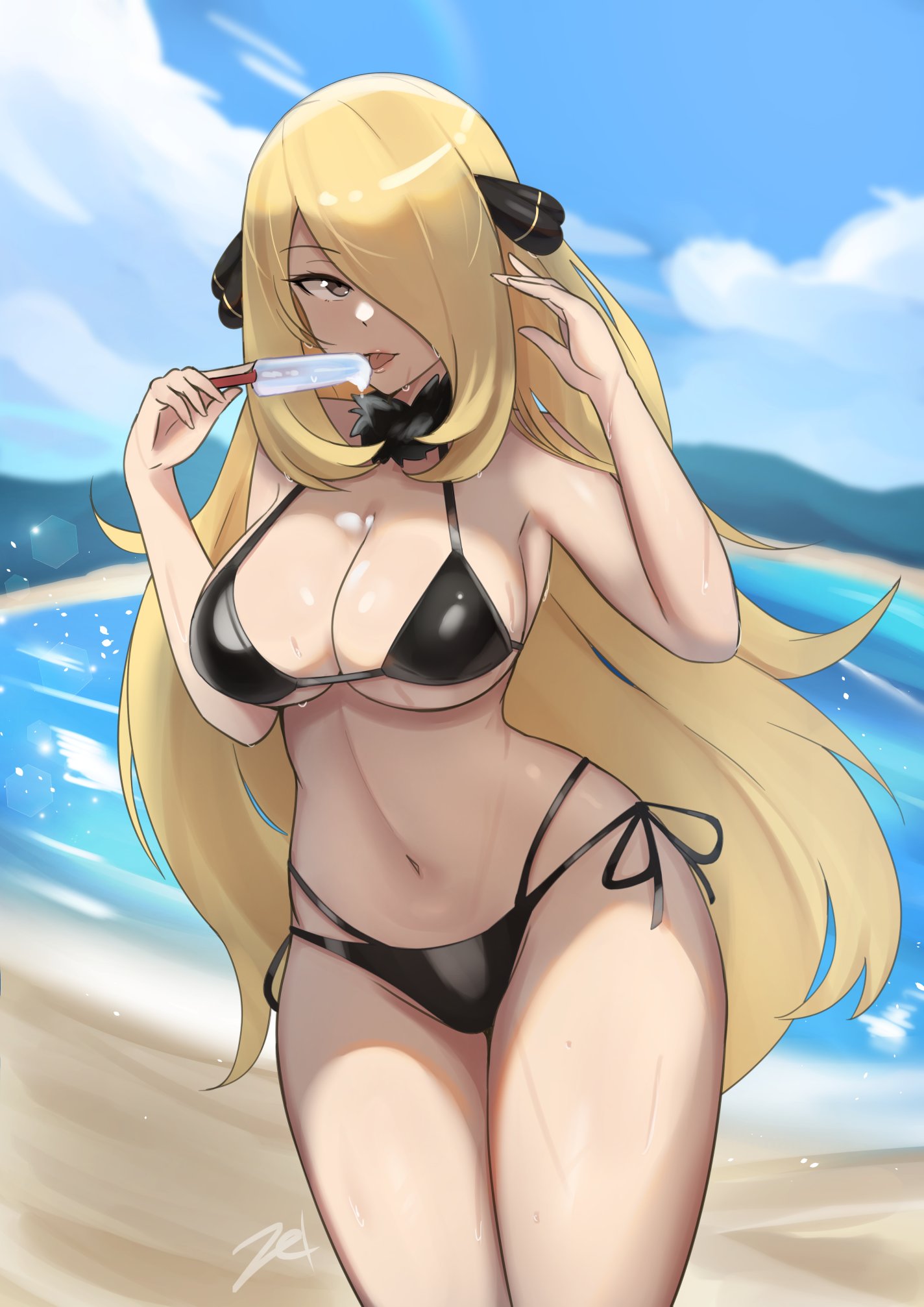 1girls artist_name beach bikini black_bikini blonde_hair brown_eyes cleavage cynthia_(pokemon) female female_only hair_ornament hair_over_one_eye hi_res human jpeg large_breasts light-skinned_female light_skin long_hair melting_popsicle nintendo open_mouth pokemon pokemon_dppt popsicle sea signature solo sweat thick_thighs tongue tongue_out very_long_hair water watermark wide_hips zet_(twt_zet)