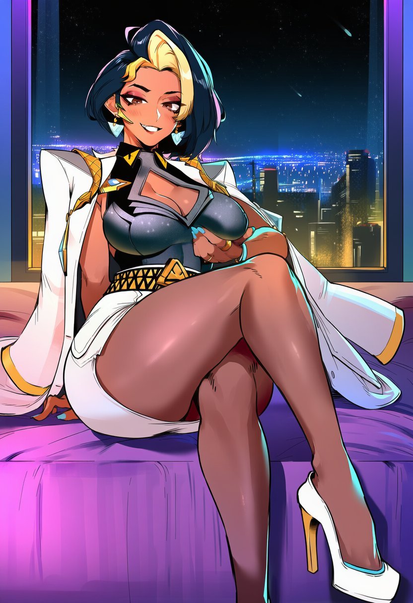 1futa, ai generated, ass, big ass, big breasts, blizzard entertainment, boob window, breasts, brown skin, cleavage, coat on shoulders, dark skin, dark-skinned female, dark-skinned futa, domina, futa, futa cock, futa milf, futa mommy, futanari, grabbing own breast, indian, indian female, leafyviolet, legs crossed, mature, mature body, mature figure, mature futa, milf, mommy, overwatch, shoulders, sitting on bed, solo, thick, thick ass, thick thighs, thighs, two-tone hair, vaira singhania, voluptuous, voluptuous futanari, wide hips