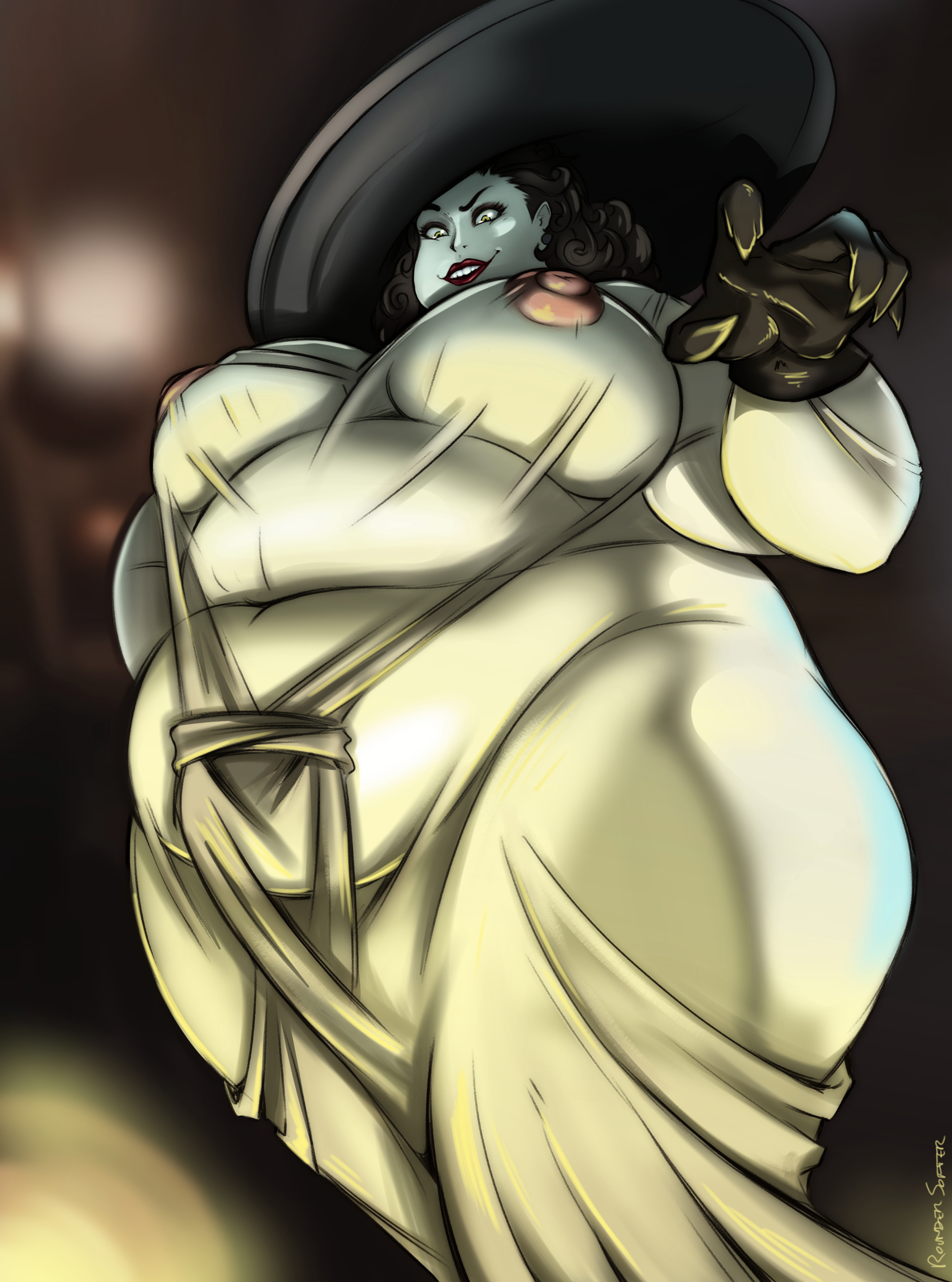 alcina dimitrescu, bbw, belly, big belly, breasts, fat, female, large breasts, nipples, obese, overweight, resident evil, resident evil 8: village, roundersofter, transparent clothing, weight gain