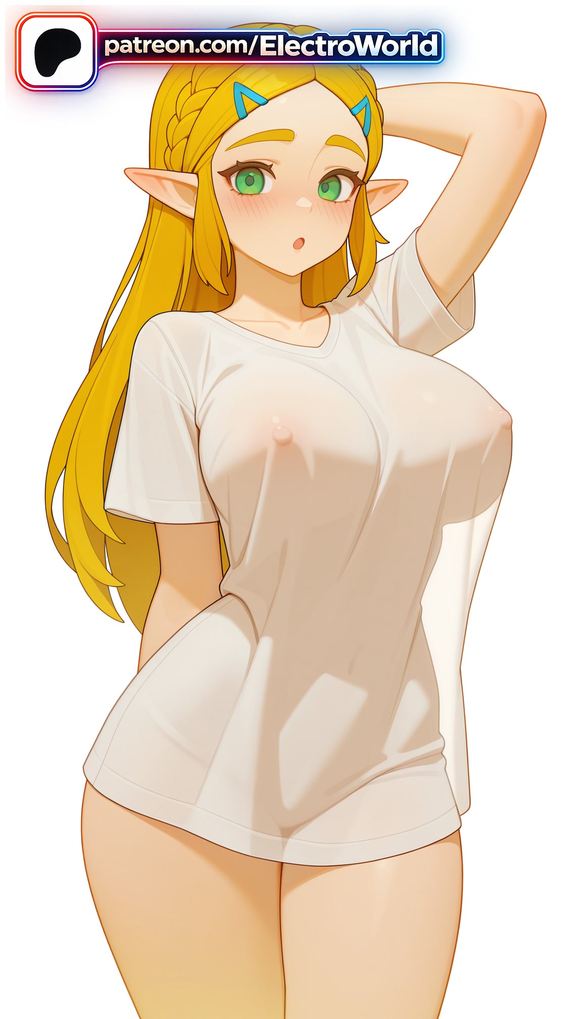 1girls, 2026, ai generated, artist name, blonde hair, blush, braid, breasts, bust, chest, covered nipples, crown braid, electroworld, exposed nipples, female, green eyes, hair ornament, hairclip, hi res, high quality, high resolution, highres, long hair, naked shirt, nipples, nipples outside, open mouth, parted bangs, patreon, patreon username, pointy ears, princess zelda, see-through, see-through silhouette, shirt, solo, stable diffusion, the legend of zelda, watermark, wet clothes, white shirt