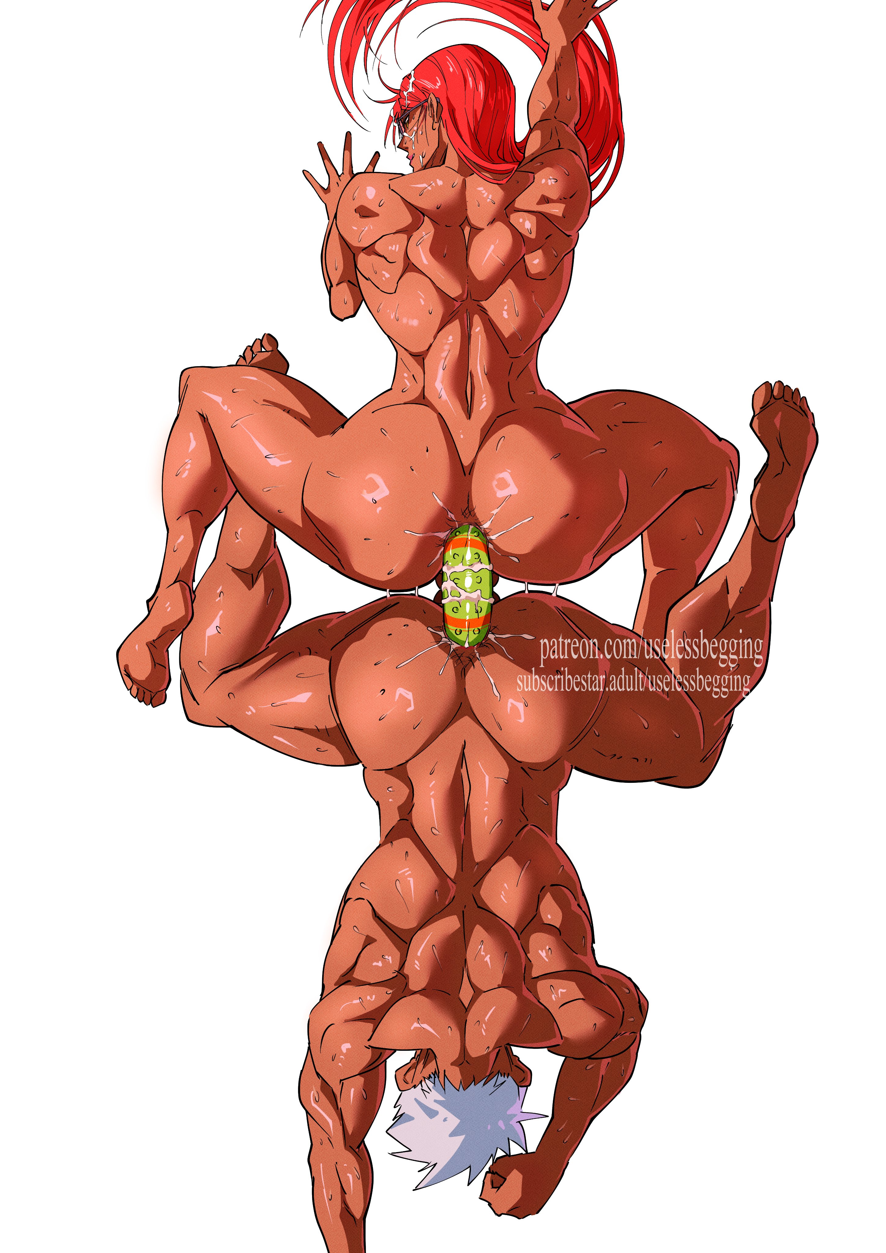 1boy, 1futa, 1futa1boy, anal, anal dildo, anal insertion, anal masturbation, anri (uselessbegging), ass, ass-to-ass, back muscles, balls touching, big ass, completely naked futa, completely nude, completely nude male, dark skin, dark-skinned futa, dark-skinned male, dark-skinned sub, double dildo, duo, from above, futa on male, futa with male, futanari, glasses, green dildo, gynomorph, long hair, long-haired futa, lube, male ass, male penetrated, masturbation, muscular, muscular arms, muscular back, muscular futa, muscular legs, muscular male, muscular thighs, mutual anal, mutual insertion, mutual masturbation, red hair, red-haired futa, shared object insertion, studded dildo, sweat, sweating, sweaty body, uselessbegging, very sweaty, white hair