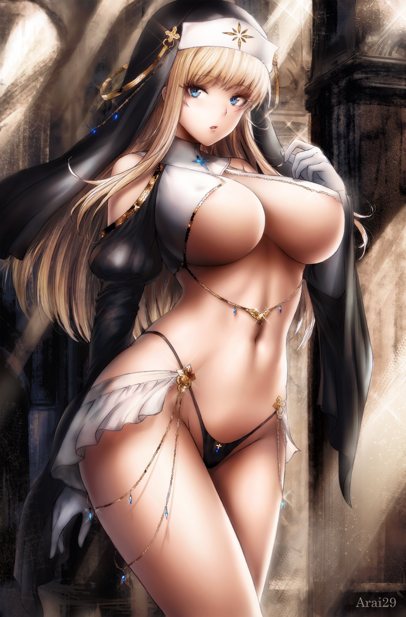 1girls, arai29, bare shoulders, blonde hair, blue eyes, breasts, female, gloves, habit, highres, large breasts, long hair, long sleeves, looking at viewer, navel, nun, original, revealing clothes, solo, standing, thong, underboob