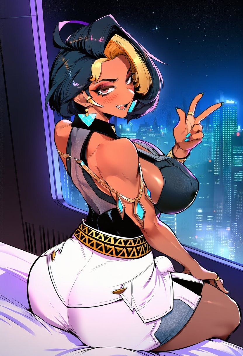 1futa, ai generated, ass, ass focus, big ass, big breasts, blizzard entertainment, boob window, breasts, brown skin, dark skin, dark skinned female, dark-skinned female, dark-skinned futa, domina, futa, futa cock, futa milf, futa mommy, futanari, indian, indian female, leafyviolet, looking back, mature, mature body, mature figure, mature futa, milf, mommy, overwatch, peace sign, penis print, shoulders, sitting on bed, solo, thick, thick ass, thick thighs, thighs, tight skirt, two-tone hair, vaira singhania, voluptuous, voluptuous futanari, wide hips