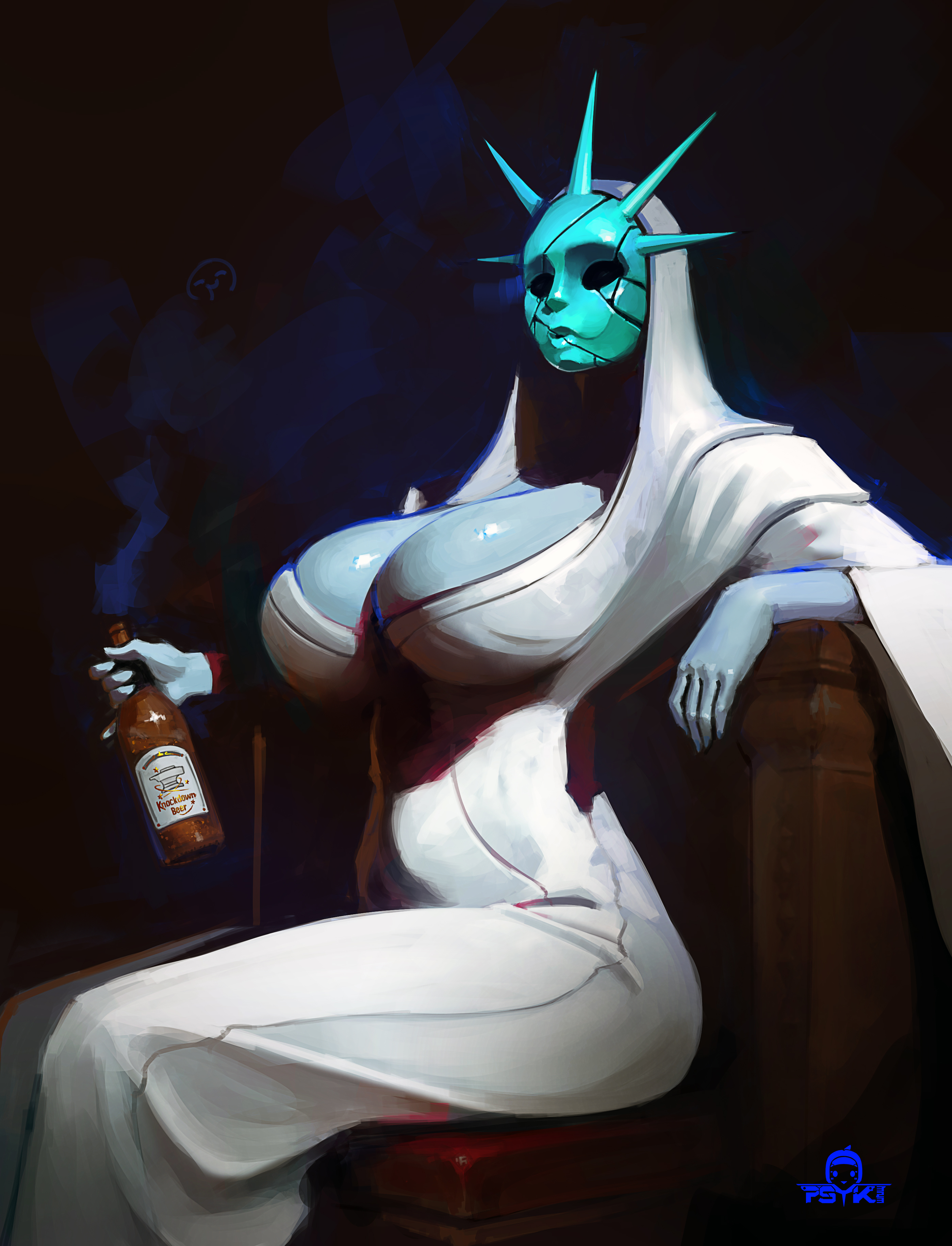 archmother (deadlock), blue skin, bottle, cleavage, cracked mask, deadlock, holding bottle, hooded dress, mask, masked female, psyk323, simple background, sitting, white dress