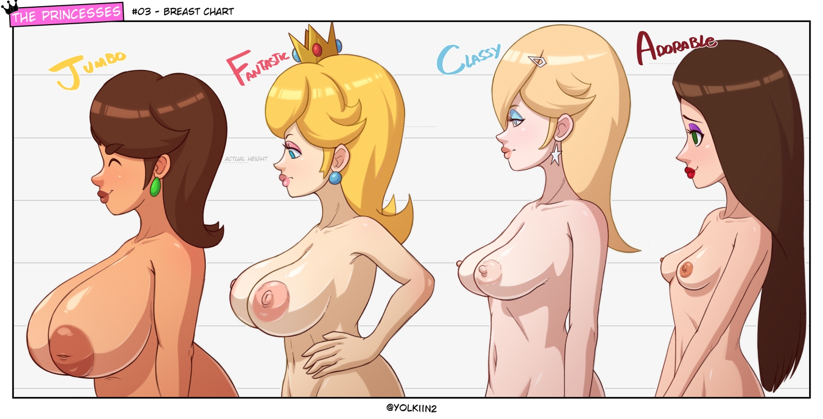 ^ ^, 4girls, alternate breast size, alternate skin color, areolae, artist name, big breasts, blonde hair, blue eyes, blue eyeshadow, breast chart, breast envy, breast size comparison, breast size difference, breasts, brown hair, character age, closed eyes, closed eyes smile, closed mouth, collarbone, completely nude, crown, earrings, english text, eyeliner, eyeshadow, female, female only, flipped hair, flower earrings, from side, green eyes, hair flaps, half-closed eyes, hand on own hip, hands on own hips, happy, height, height chart, height difference, huge breasts, huge nipples, inverted nipples, jewelry, large areolae, large breasts, lineup, lips, lipstick, long hair, looking at breasts, makeup, mario (series), medium breasts, medium hair, multiple girls, navel, nintendo, nipples, nude, pauline, pauline (mario), perky breasts, pink eyeshadow, pink lips, pointy breasts, princess daisy, princess peach, princess rosalina, puffy nipples, purple eyeshadow, red lips, rosalina, sagging breasts, sidelocks, simple background, small breasts, smile, sphere earrings, standing, star (symbol), star earrings, tan, tanned, text, upper body, yolkiin