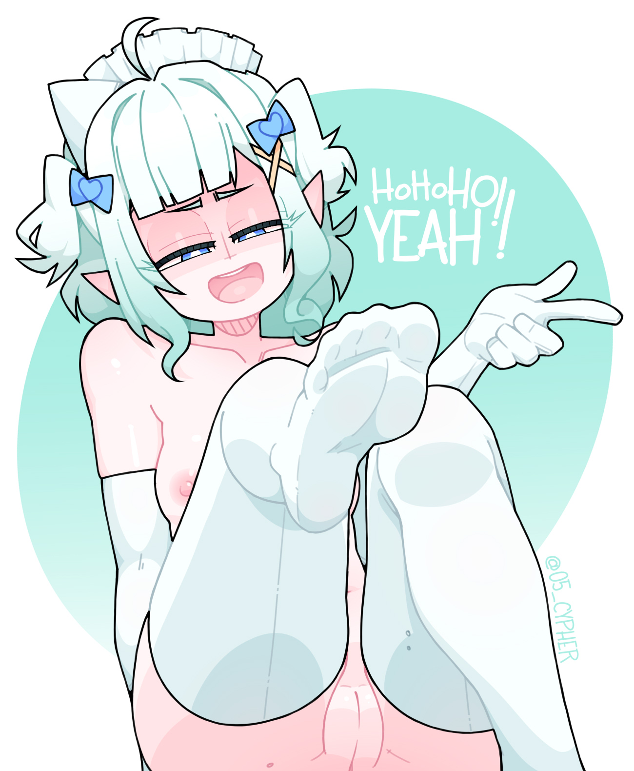 1girls, ahoge, areolae, bare shoulders, blue eyes, breasts, cypher 05, elbow gloves, feet, feet in stockings, female, female only, gloves, gradient hair, grin, hairclip, hairless pussy, indie virtual youtuber, legwear, light skin, light-skinned female, maid headdress, maid mint, mint fantome, narrowed eyes, nipple peek, nipples, one foot raised, open mouth, open smile, pointing, pointy ears, pussy, shaved pussy, short hair, sitting, small breasts, smile, smug, solo, stockings, tagme, talking, thighs, vagina, virtual youtuber, white gloves, white hair, white legwear, white stockings