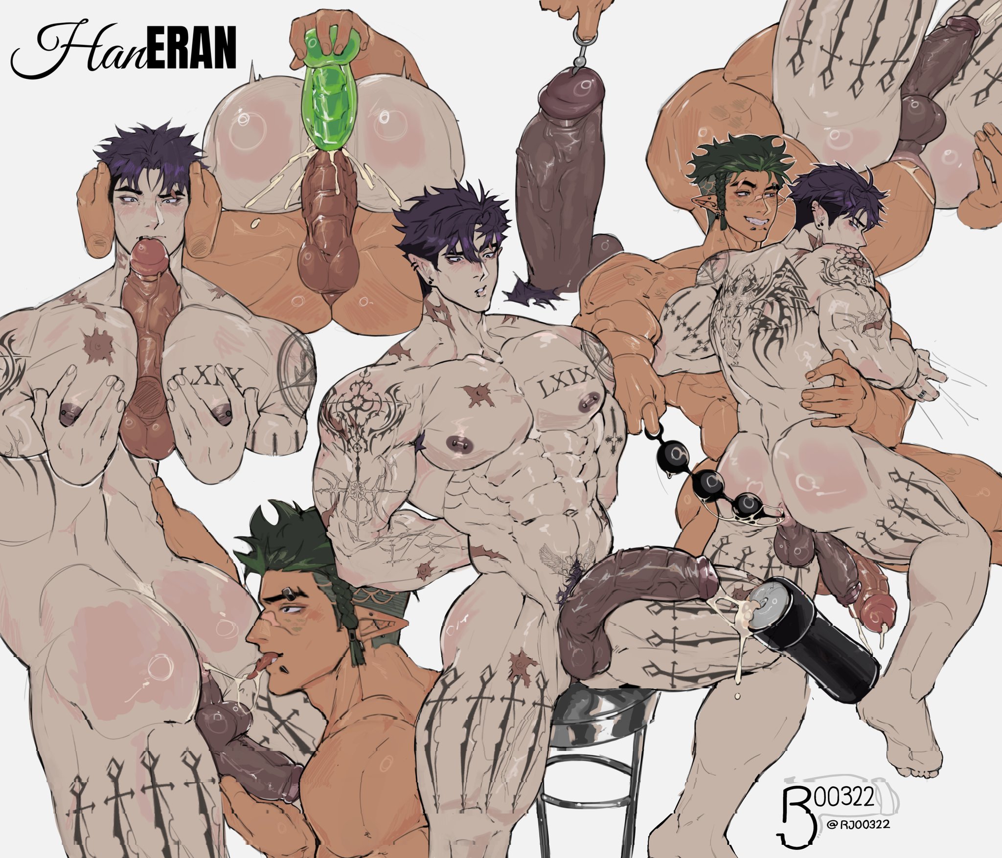 2boys, abs, anal, anal beads, anal insertion, anal sex, artist name, ass, balls, bara, completely nude, cum, dildo, dildo in ass, eran (romjeex), fisting, fleshlight, gay, haneul (genzonillablack), male, male focus, male only, muscular, muscular arms, muscular chest, muscular legs, muscular male, nipple piercing, nipples, nude, pecs, penis, piercing, pointy ears, romjeex, sex toy, simple background, sounding, sounding beads, tattoo, text, tongue, tongue out, urethral insertion, yaoi
