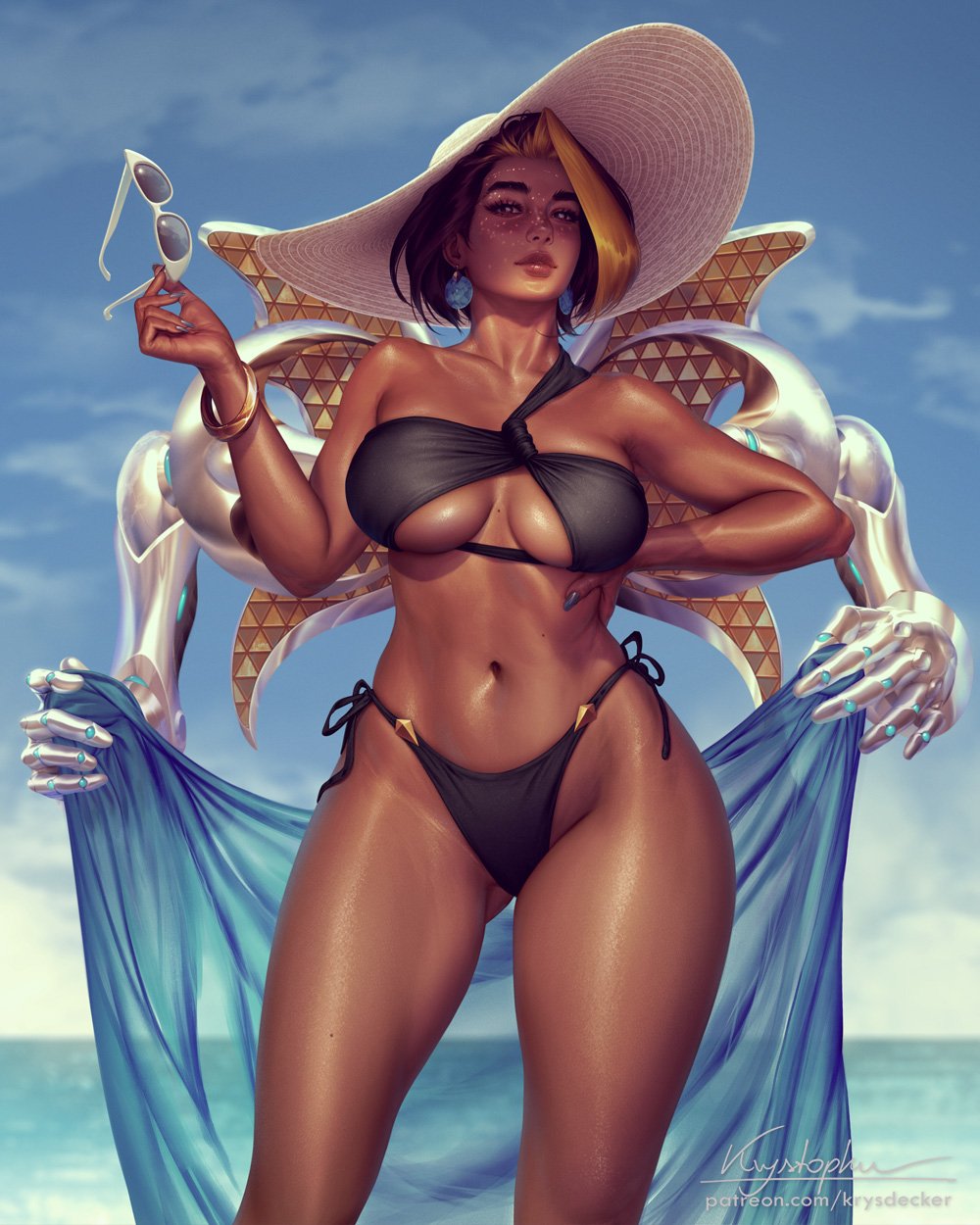 1girls, beach, big breasts, bikini, black hair, blizzard entertainment, breasts, dark skin, dark-skinned female, domina, earrings, female, hat, indian, indian female, krysdecker, krystopher decker, large breasts, looking at viewer, overwatch, short hair, solo, solo female, standing, sun hat, sunglasses, swimsuit, two-tone hair, water, wide hips