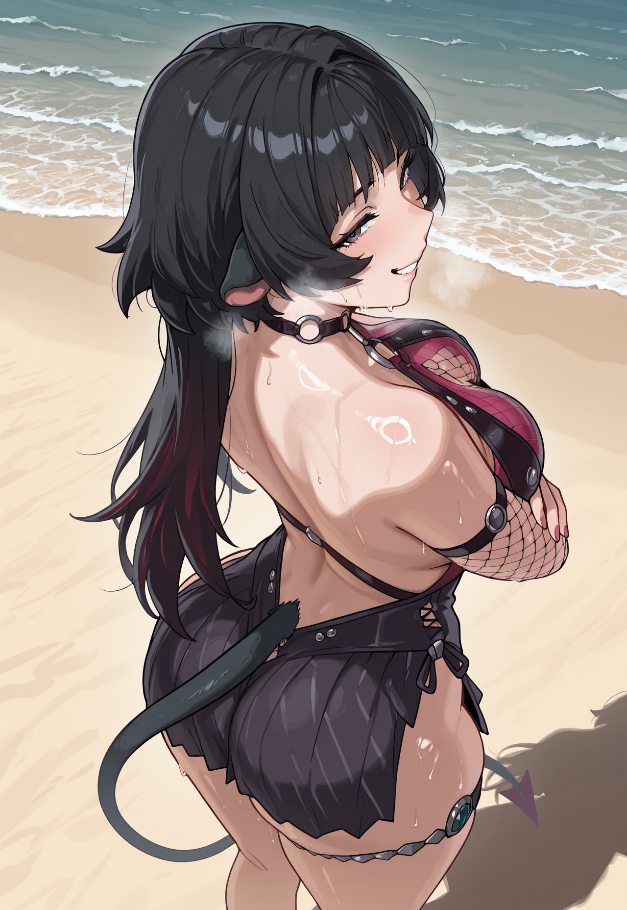ai generated, ass, beach, breasts, crossed arms, from above, grin, huge ass, huge breasts, jane doe (nocturne of light) (zenless zone zero), jane doe (zenless zone zero), looking at viewer, mouse ears, naughty face, outdoors, skirt, tail, teeth, thick thighs, zenless zone zero
