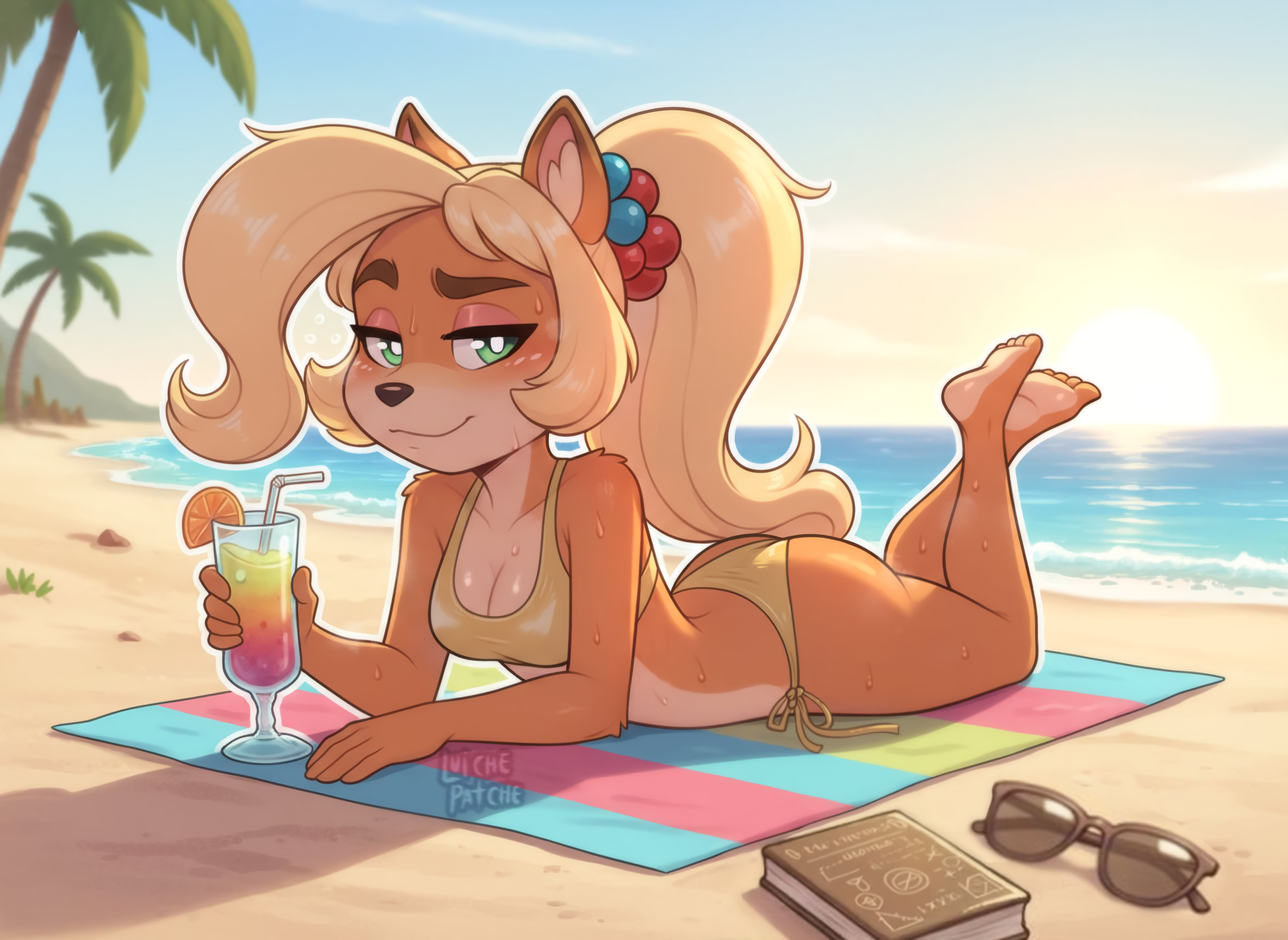 1girls, anthro, artist name, ass, beach, big ass, big breasts, bikini, blonde hair, book, busty, cleavage, coco bandicoot, crash (series), drink, female, female only, gold bikini, half-closed eyes, hi res, large breasts, legs, long hair, looking at viewer, luichemax, lying, ocean, on stomach, ponytail, pose, posing, seductive, seductive look, seductive smile, sensual, sexy, sexy pose, side-tie bikini, side-tie bikini bottom, solo, sunglasses, sweat, the pose, thighs, voluptuous, water