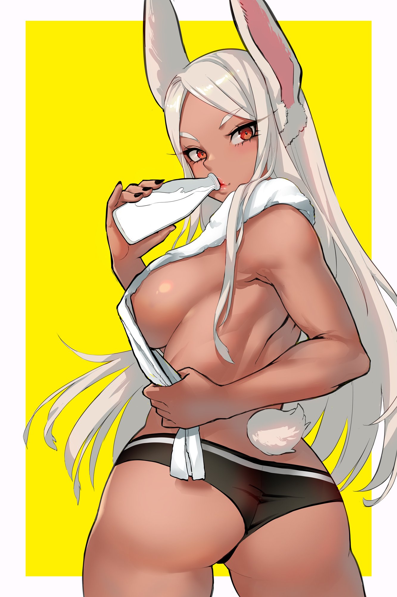 1girls, artist request, ass, athletic, athletic female, back view, black panties, bottle, breasts, bunny ears, bunny girl, bunny tail, dark skin, dark-skinned female, drinking, drinking milk, eyebrows, eyebrows visible through hair, female, female focus, female only, high resolution, highres, lips, long hair, looking at viewer, looking back, medium breasts, milk, milk bottle, miruko, my hero academia, panties, panties only, red eyes, rumi usagiyama, shounen jump, sideboob, simple background, solo, solo female, solo focus, thigh, towel, towel on shoulder, two-tone background, white background, white hair, yellow background
