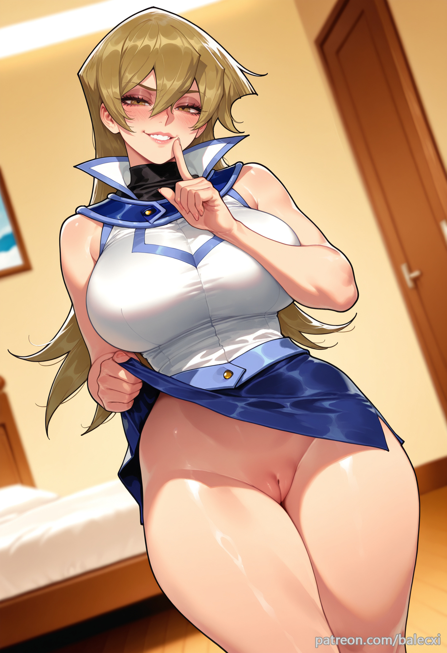 ai generated, alexis rhodes, balecxi, bare shoulders, bedroom, blonde hair, blue skirt, duel academy uniform (yu-gi-oh! gx), female, finger to mouth, grin, hair between eyes, indoors, large breasts, lifted by self, long hair, looking at viewer, naughty face, no panties, patreon username, pussy, shirt, shushing, skirt lift, sleeveless, smile, solo, tenjouin asuka, thighs, uncensored, web address, yu-gi-oh!, yu-gi-oh! gx