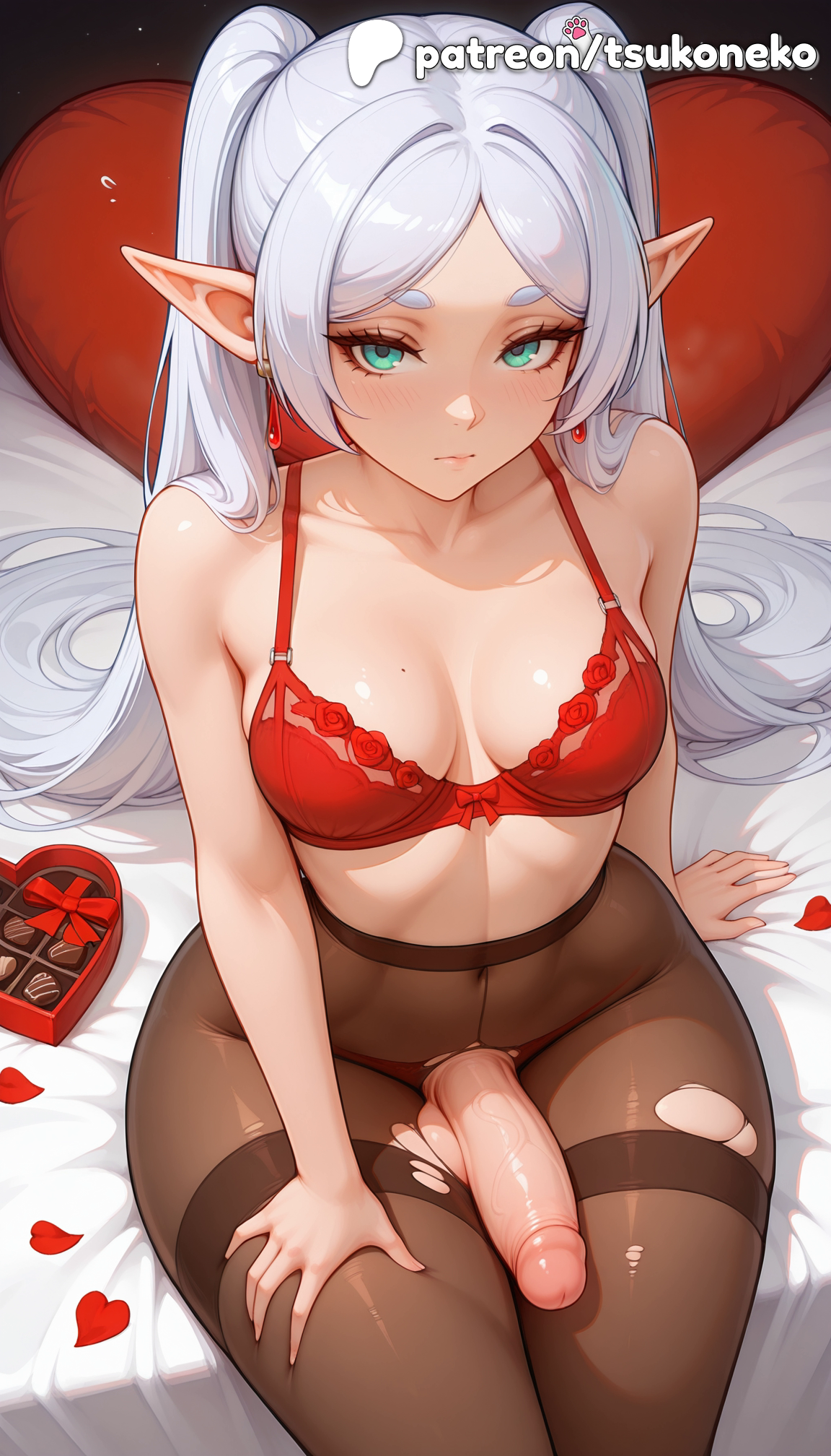 1futa, 2026, ai assisted, ai generated, anime, artist name, bed, bed sheet, cock, dick, explicit, frieren, frieren beyond journey's end, futanari, hi res, high quality, high resolution, highres, long hair, on bed, pantyhose, patreon, patreon username, penis, petals, pointy ears, rose petals, sousou no frieren, stable diffusion, tits, tits out, torn clothes, torn legwear, tsukoneko, uncensored, valentine's day, valentines day, watermark