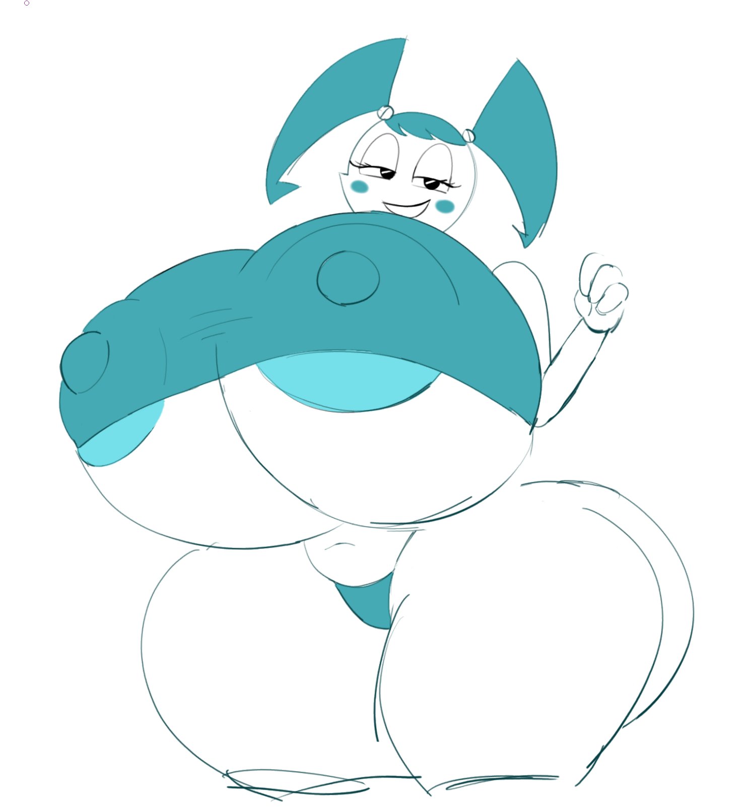 1girl, allagainstyou, areola, areola slip, blush, blushing, huge ass, huge breasts, hyper breasts, jenny wakeman, my life as a teenage robot, nipple bulge, panties, robot girl, solo, tagme, thick thighs, wide hips, xj-9