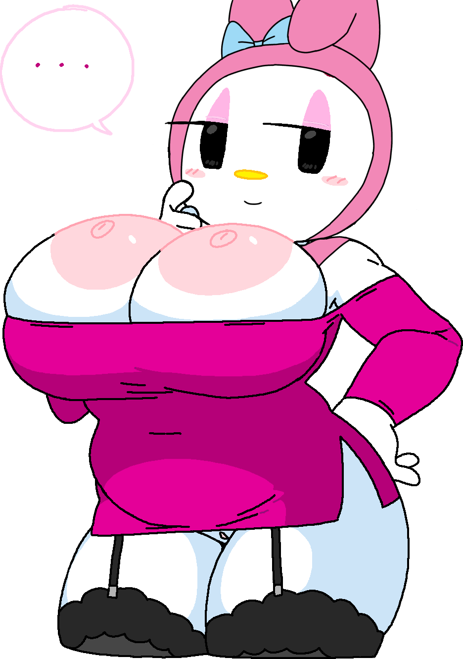 ..., 1girls, adorable, anthro, areola, big breasts, black eyes, blush, blushing female, bow, breasts, breasts out, bunny ears, bunny girl, cassettedream, clothing, cute, cute female, dream-cassette, dress, edit, edited, exposed breasts, eyeshadow, female, female only, furry, furry female, garter straps, hair ornament, half-closed eyes, hood, hoshime, hourglass figure, huge breasts, lagomorph, looking at viewer, microdress, mob face, my melody, nipples, off shoulder, off-shoulder dress, onegai my melody, partially clothed, pink dress, pink eyeshadow, pink hood, pussy, rabbit, rabbit ears, rabbit girl, ribbon, sanrio, short dress, side slit, simple background, smile, solo, solo female, speech, speech bubble, thick thighs, thighhighs, white background, white fur, wide hips