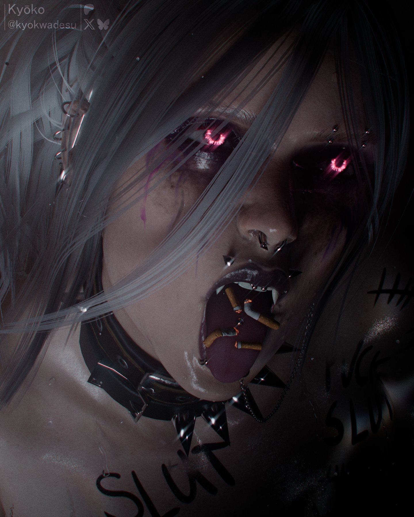 1girls, 2026, 3d, black eyeshadow, body writing, cigarette, cigarette in mouth, collar, dbd, dead by daylight, ear piercing, eyebrow piercing, eyeshadow, female, female only, functionally nude, glowing eyes, heavy eyeshadow, human ashtray, humiliation, indoors, kyokwadesu, leash, leash and collar, leashed collar, light skin, light-skinned female, lip piercing, long hair, no visible genitalia, nose piercing, nude, nude female, piercing, piercings, purple eyes, purple eyeshadow, sable ward, silver hair, smudged makeup, solo, spiked collar, sweaty, sweaty body, tied hair, tongue, tongue out