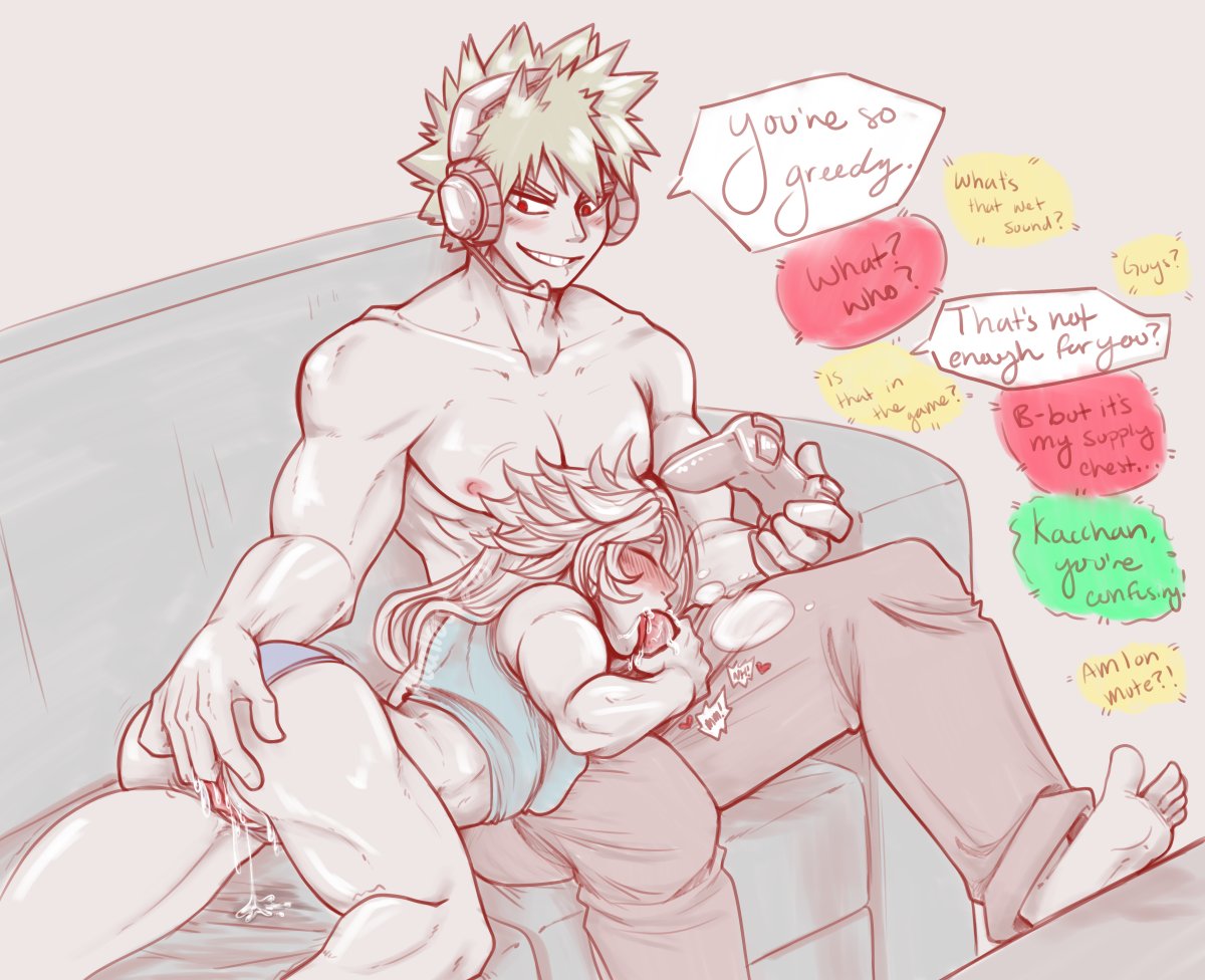 1boy, 1girls, controller, dialogue, dripping pussy, english text, fellatio, female, fingering, fingering partner, fingering pussy, gaming, headphones, hvalross, katsuki bakugou, male, male/female, microphone, muscular, my hero academia, oral, original character, panties aside, partially clothed, partially nude, penis, penis in mouth, playing games, playing videogame, pussy, pussy juice, red eyes, straight, text, video game controller, wet pussy