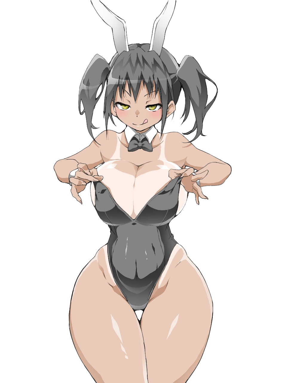 black_hair blush breasts cleavage curvy dark_skin highres huge_breasts large_breasts navel ohako9 playboy_bunny tan tanline thick_thighs tight_clothing tongue tongue_out twintails wide_hips