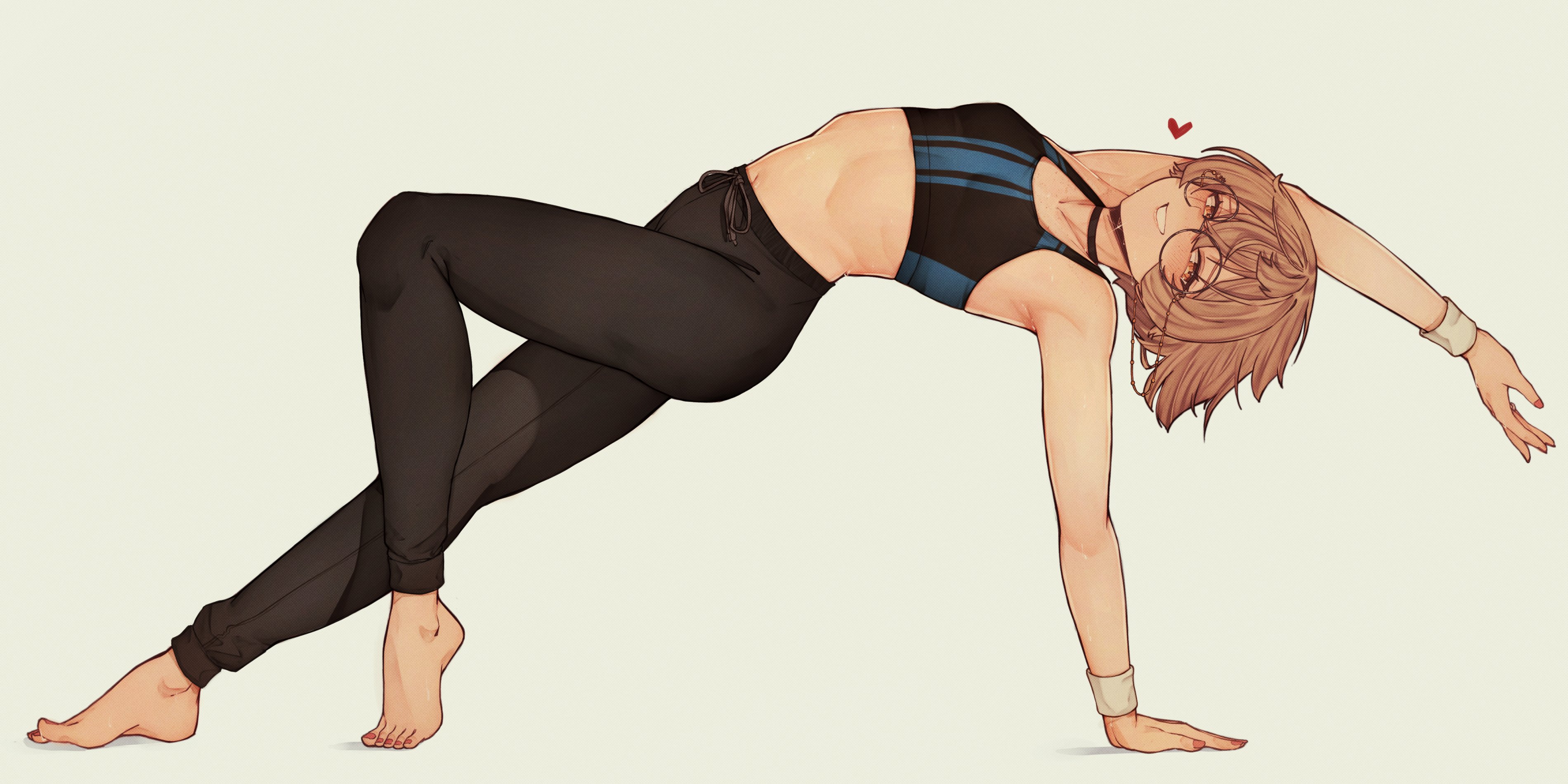1girls, absurdres, arm support, barefoot, black choker, black pants, black sports bra, blue sports bra, body freckles, breasts, brown hair, choker, clio aite, collarbone, commentary, english commentary, female, fingernails, flat chest, freckles, full body, glasses, grin, hag, hair between eyes, highres, jewelry, mature, mature female, nail polish, navel, older female, pants, phase connect, ring, round eyewear, scar, scar across eye, scar on face, short hair, small breasts, smile, soles, solo, sparkle, sports bra, stretching, sweat, sweatpants, teacher, toenails, toes, training, two-tone sports bra, underwear, varniskarnis, virtual youtuber, vtuber, wedding ring, wristband
