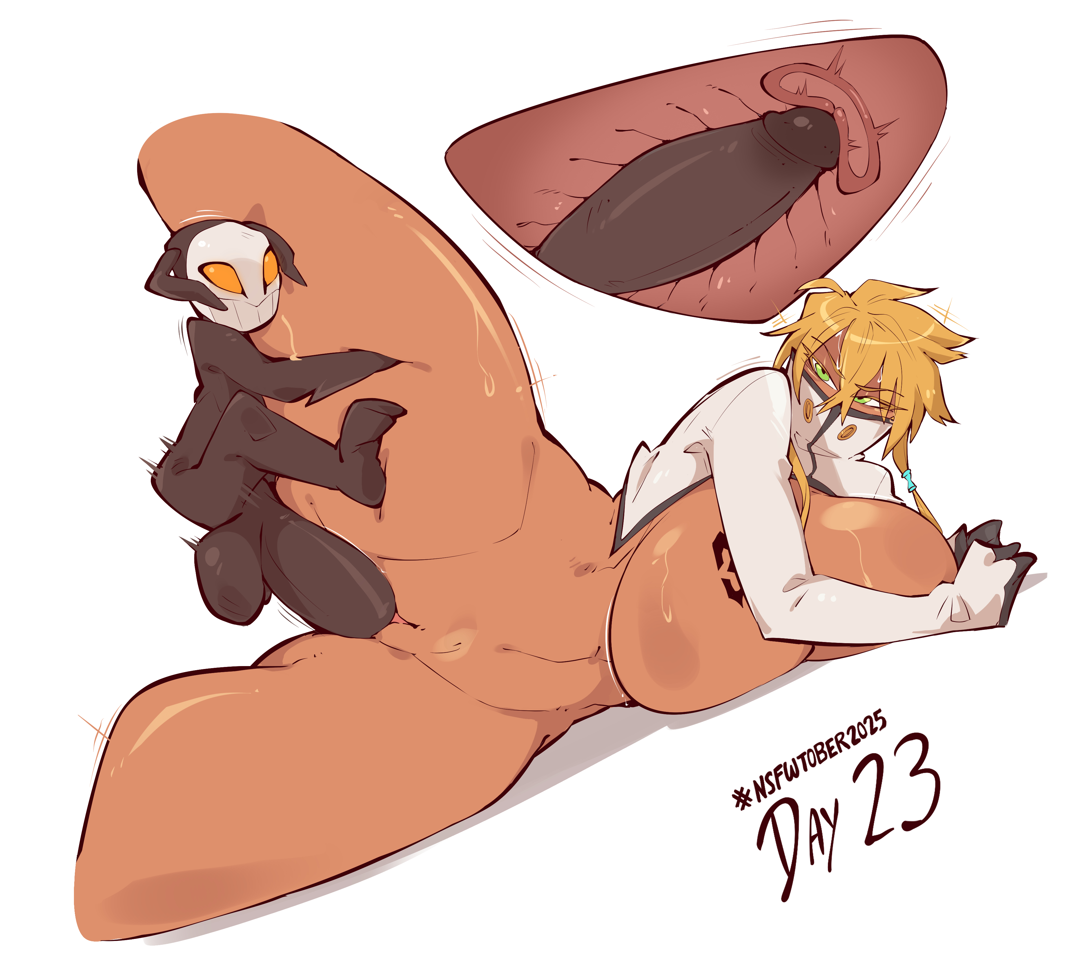 anthro, bleach, blonde hair, breasts, dark skin, dark-skinned female, dark-skinned male, duo, gigantic breasts, hollow (species), male, one leg up, penis, pitch-black skin, saucymojo, size difference, small but hung, smaller male, thick legs, thick thighs, thighhighs, thighs, tia harribel, voluptuous, voluptuous female