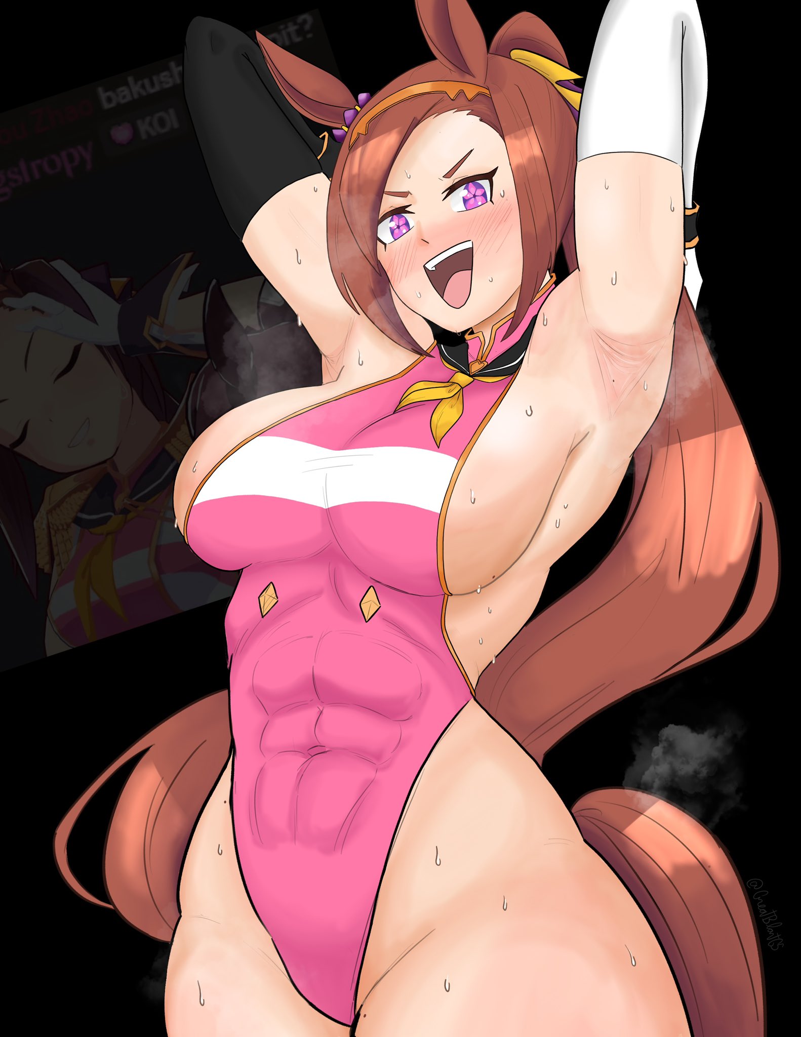 1girls, abs, armpit fetish, armpits, bakushin o armpit gif (meme), blush, breasts, brown hair, greatblastarts, horse ears, horse girl, large breasts, leotard, long hair, looking at viewer, open mouth, opera gloves, pink eyes, ponytail, sakura bakushin o (umamusume), sideboob, smile, sweat, thick thighs, thighs, umamusume