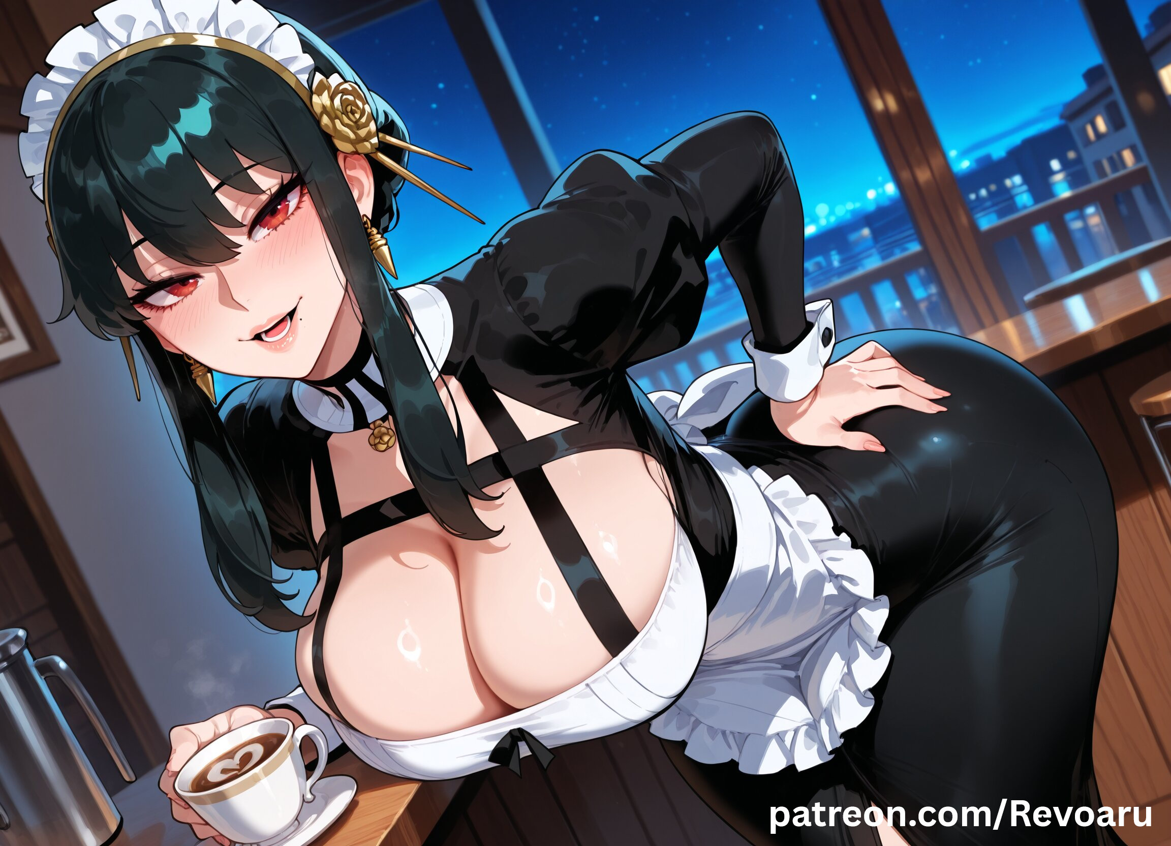 ai generated, big breasts, black hair, breasts, female, female only, huge breasts, maid, maid headdress, maid outfit, maid uniform, mature, mature female, quality, revoaru, solo, spy x family, thick thighs, thighs, yor briar, yor forger