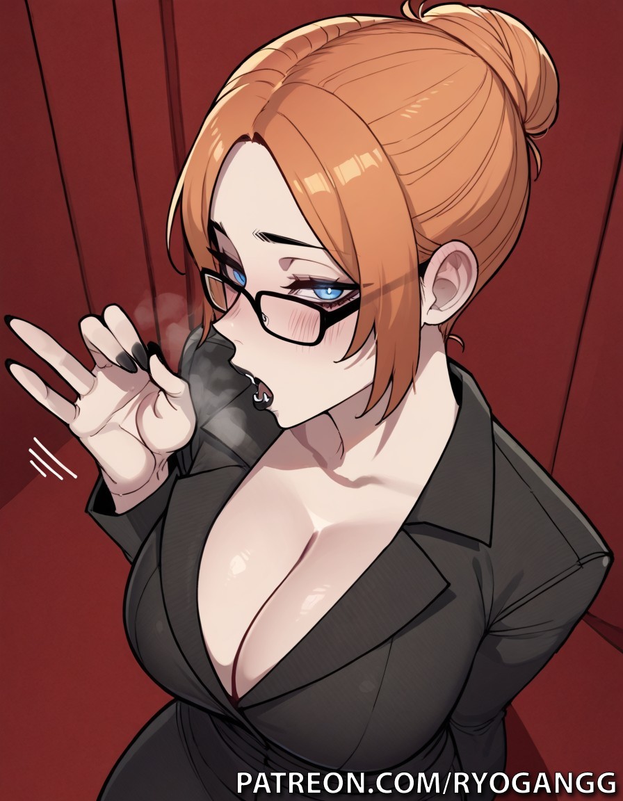 1female, 1girls, 2d, 2d (artwork), ai generated, big breasts, blowjob gesture, blue eyes, cleavage, female, glasses, high resolution, highres, huge breasts, large breasts, light skin, light-skinned female, malkavian, office clothing, office lady, orange hair, pale skin, pale-skinned female, patreon, patreon username, pointy teeth, ryogangg, seductive, seductive look, therese voerman, vampire, vampire girl, vampire the masquerade, vampire the masquerade bloodlines, world of darkness
