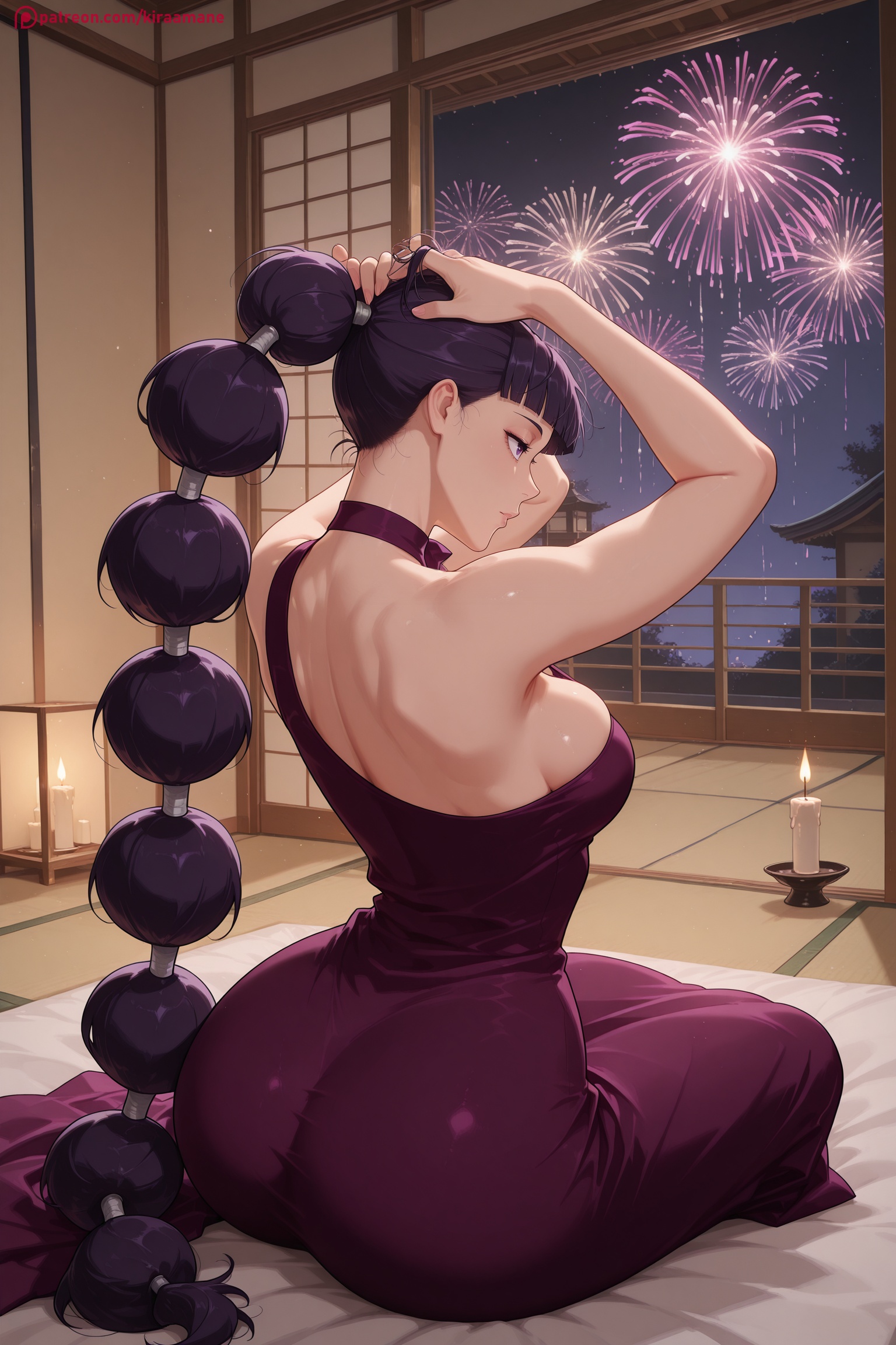 ai generated, ass, back, bangs, bare shoulders, breasts, bug, dress, female, female only, fireworks, hair ornament, hi res, high quality, high resolution, insects, jujutsu kaisen, kiraamane, large breasts, long hair, looking at viewer, night, patreon, purple eyes, purple hair, remi (jujutsu kaisen), seductive, sexy, sitting, sky, tied hair, uncensored, very long hair, watermark