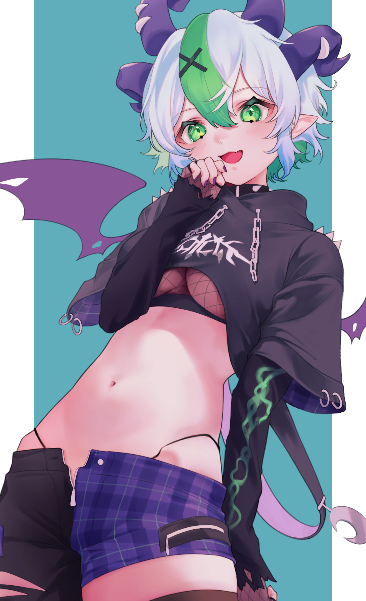 1girls, amane 0e0, big breasts, blush, breasts, collar, cowboy shot, crop top, female, female only, female torso, fishnet gloves, fishnet topwear, fishnet undershirt, fishnets, fit, fit female, flat belly, froot, goth, goth girl, green eyes, green hair, grey hair, hair, hairclip, happy, hip bones, horn piercing, horns, indie virtual youtuber, layered sleeves, leaning back, long sleeves, looking at viewer, messy hair, midriff, multicolored hair, nail polish, navel, open fly, open mouth, painted nails, pale skin, pale-skinned female, pantylines, petite, pointy ears, purple nails, short hair, shorts, simple background, skin fang, skinny, skinny female, slim, slim waist, smile, solo, spiked collar, stomach, thighhighs, thong, tomboy, tongue, torn sleeves, tummy, underboob, virtual youtuber, vtuber, wide sleeves, wings