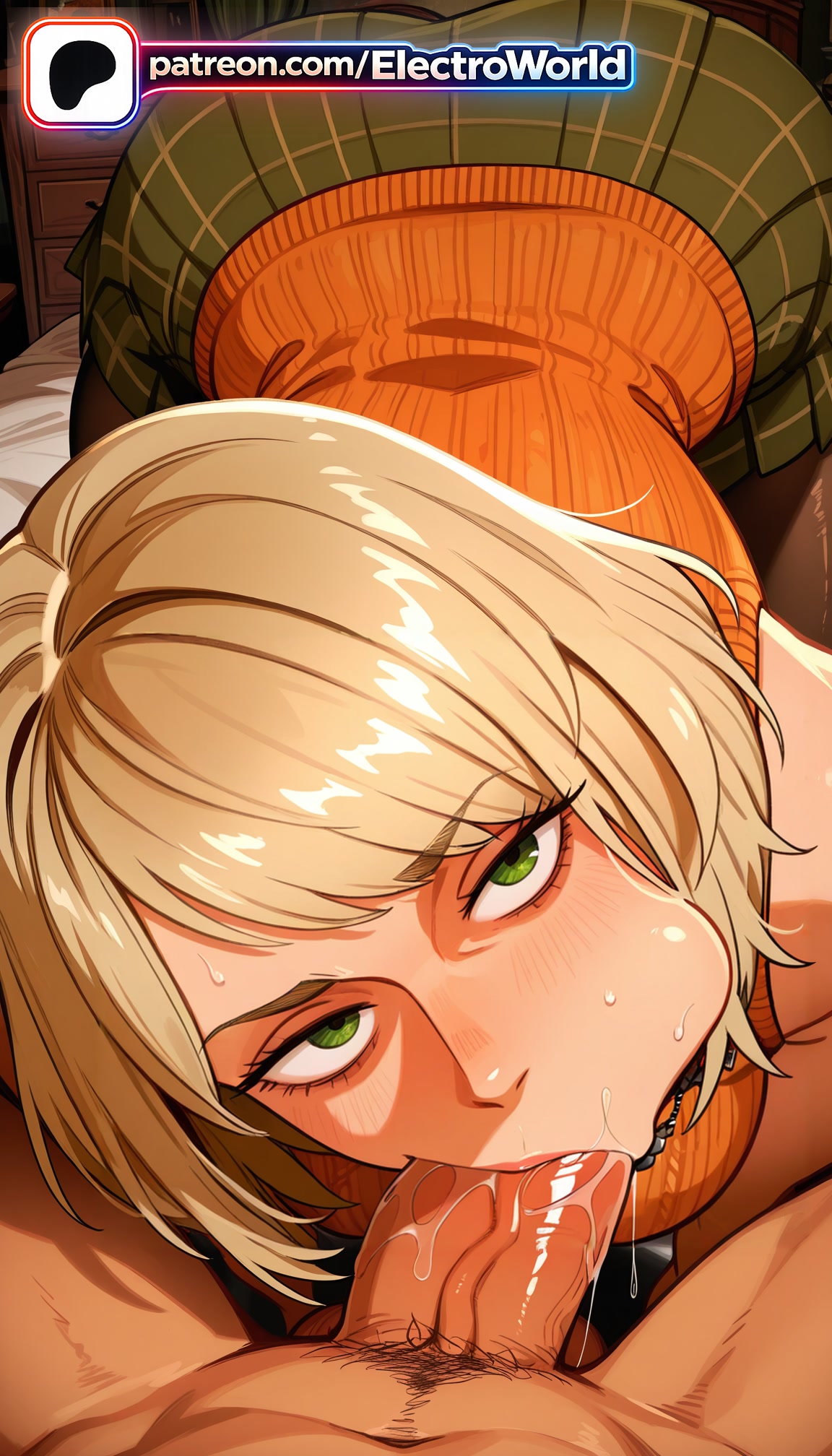 1boy, 1girls, 2026, ai generated, artist name, ashley graham, blonde hair, blowjob, blowjob face, blush, capcom, cheek bulge, cock, cum, cum in mouth, deepthroat, dick, electroworld, fellatio, female, green eyes, hi res, high quality, high resolution, highres, licking, male pubic hair, oral, oral sex, patreon, patreon username, penis, plaid, resident evil, resident evil 4, stable diffusion, straight, stray pubic hair, sucking, testicle sucking, testicles, uncensored, watermark