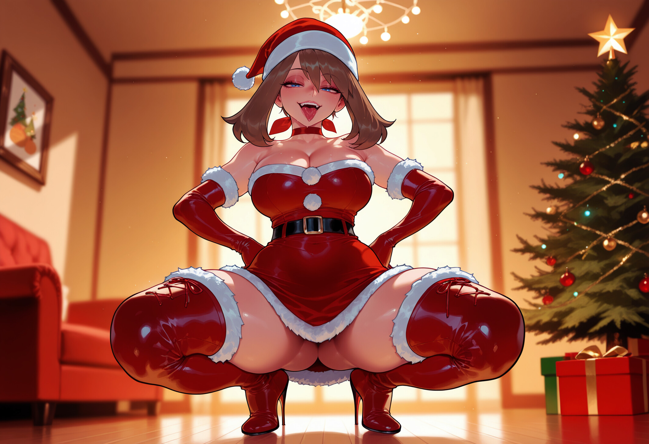 1girl, 1girls, ai generated, ass visible through thighs, balecxi, bandana, bare shoulders, belt, bewitching thighs, black belt, blush, boots, box, breasts, brown eyes, brown hair, chandelier, choker, christmas, christmas ornaments, christmas outfit, christmas tree, cleavage, clothing, couch, curvaceous, curvaceous female, curvaceous figure, curvy, curvy figure, dress, elbow gloves, eyeshadow, female, female focus, female only, fireplace, footwear, fuck me boots, full body, fur trim, fur-trimmed dress, fur-trimmed gloves, fur-trimmed headwear, gift, gift box, gloves, half-closed eyes, hands on own hips, hat, headwear, high heel boots, high heels, indoors, inviting, inviting to sex, large breasts, legwear, looking at viewer, makeup, may (pokemon), medium hair, narrowed eyes, naughty face, nintendo, on couch, open mouth, pokemon, pokemon rse, presenting, presenting ass, presenting breasts, presenting hindquarters, presenting pussy, presenting self, purple eyes, red bandana, red dress, red footwear, red gloves, red headwear, red thighhighs, santa costume, santa dress, santa gloves, santa hat, seductive, seductive look, seductive smile, smile, solo, spread legs, squatting, strapless, strapless dress, thick thighs, thigh boots, thighhighs, thighs, tiptoes, tongue, tongue out, uncensored, voluptuous, voluptuous female, window