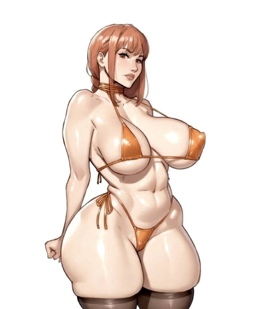 bikini, chainsaw man, curvaceous, curvy, huge ass, makima (chainsaw man), pinup, plump, red hair, stockings, thick ass, thick thighs, tummy, venus body, wide hips