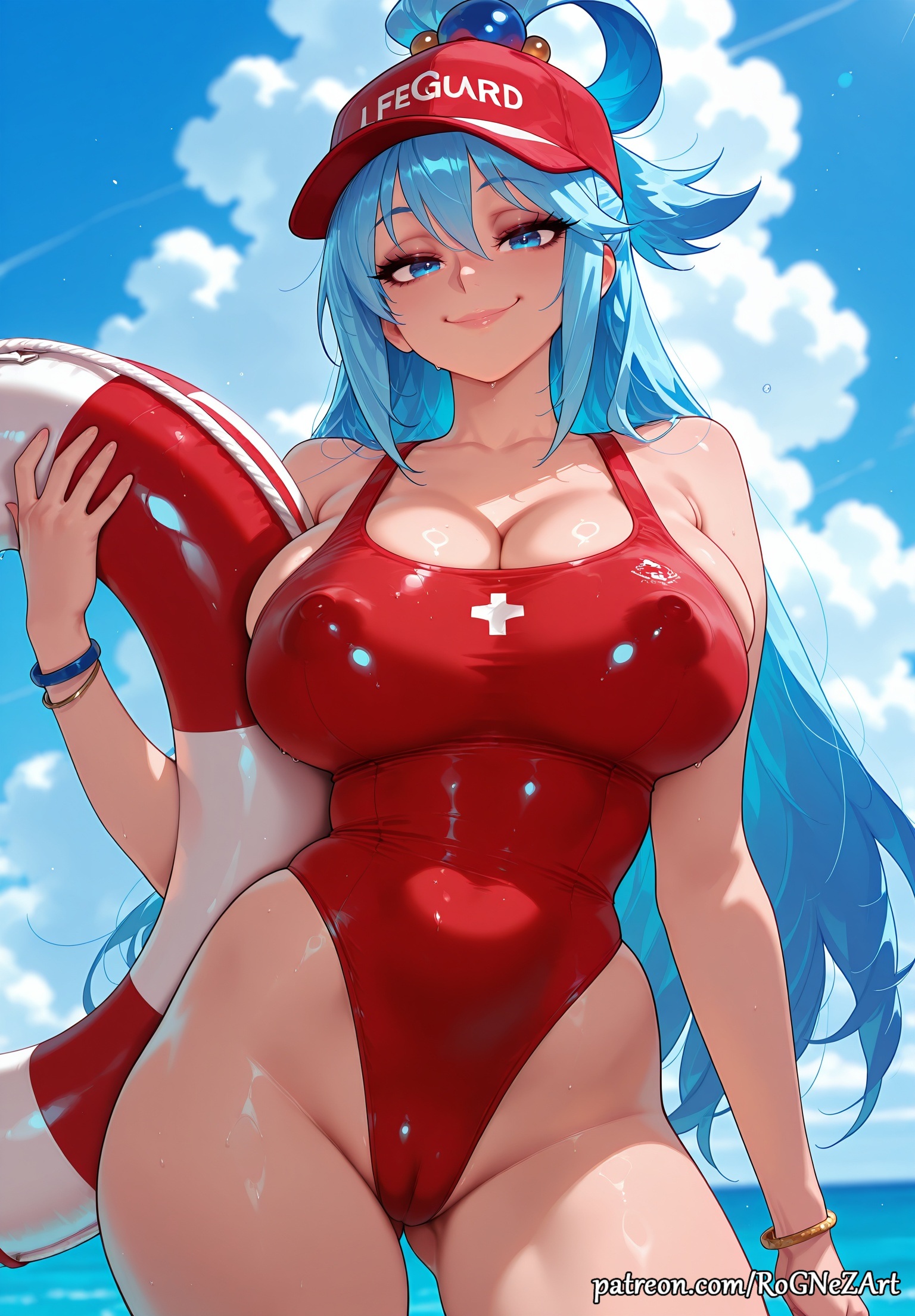 2025, ai generated, anime, aqua, aqua (konosuba), ass visible through thighs, bangs, bare shoulders, blue eyes, blue hair, blue sky, blush, bracelet, breasts, cameltoe, cleavage, closed mouth, cloud, collarbone, covered navel, covered nipples, crossover, day, eye contact, female, female focus, female only, flushed, hair between eyes, hair rings, highleg, highleg swimsuit, highres, holding, huge breasts, innertube, jewelry, kono subarashii sekai ni shukufuku wo!, konosuba, large breasts, long hair, looking at viewer, neutral expression, nsfw, one-piece swimsuit, outdoors, patreon, patreon username, red headwear, red one-piece swimsuit, rognezart, sky, smile, smiling, solo, swimsuit, thick thighs, thighs, very long hair, wet