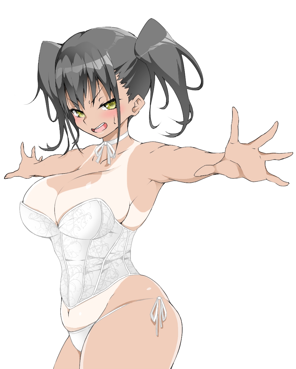 angry armpit black_hair blush breasts choker cleavage corset curvy dark-skinned_female dark_skin female female_focus highres lace large_breasts lingerie lips navel ohako9 panties ribbon side-tie_panties skindentation solo tan tanline thick_thighs thighs twintails underwear yellow_eyes