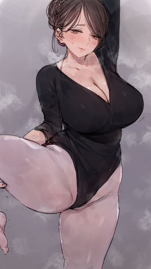 1girls, arm up, ass, bangs, blush, breasts, brown eyes, brown hair, c.cu, cleavage, female, large breasts, leotard, looking at viewer, original, solo, solo female, spread legs, standing, standing on one leg, sweat, trembling