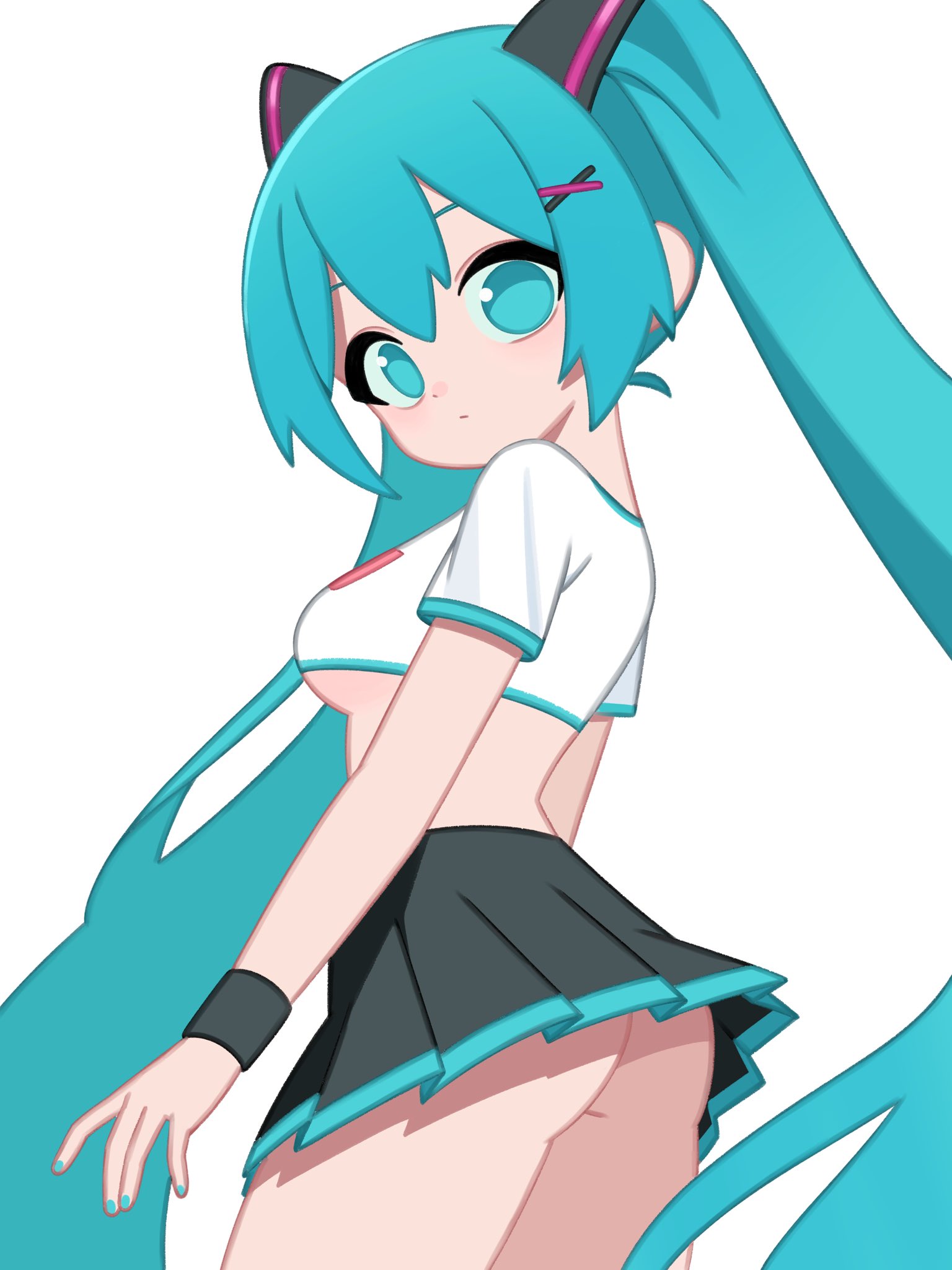 1girl, aqua eyes, aqua hair, aqua nails, ass, bangs, black skirt, breasts, closed mouth, cowboy shot, crop top, crop top overhang, cropped shirt, female, from behind, hair between eyes, hair ornament, hairclip, hatsune miku, highres, hochihochiha, hochihochihavocaloid, long hair, looking at viewer, looking back, medium breasts, midriff, miniskirt, nail polish, necktie, no panties, pleated skirt, shirt, short sleeves, simple background, skirt, skirt lift, solo, twintails, underboob, very long hair, white background, white shirt, wristband, x hair ornament